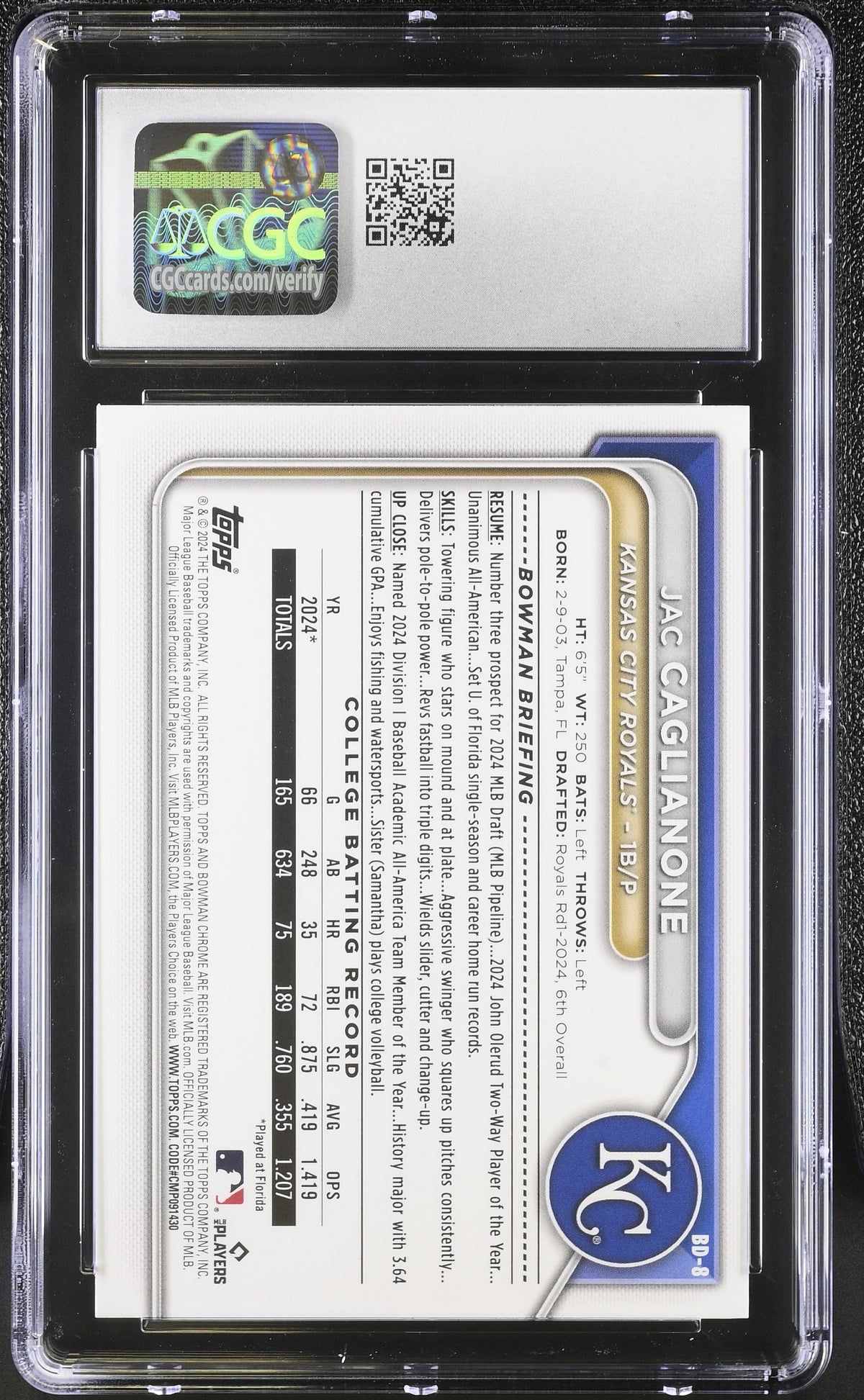 2024 Bowman Draft Jac Caglianone Rookie #BD-8 CGC 10 Kansas City Royals