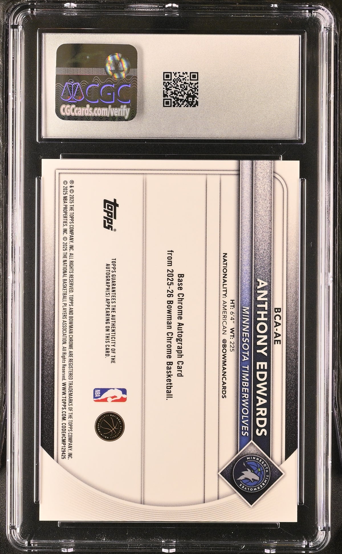 2025-26 Bowman Anthony Edwards Orange /25 Chrome Auto CGC 9.5 Timberwolves