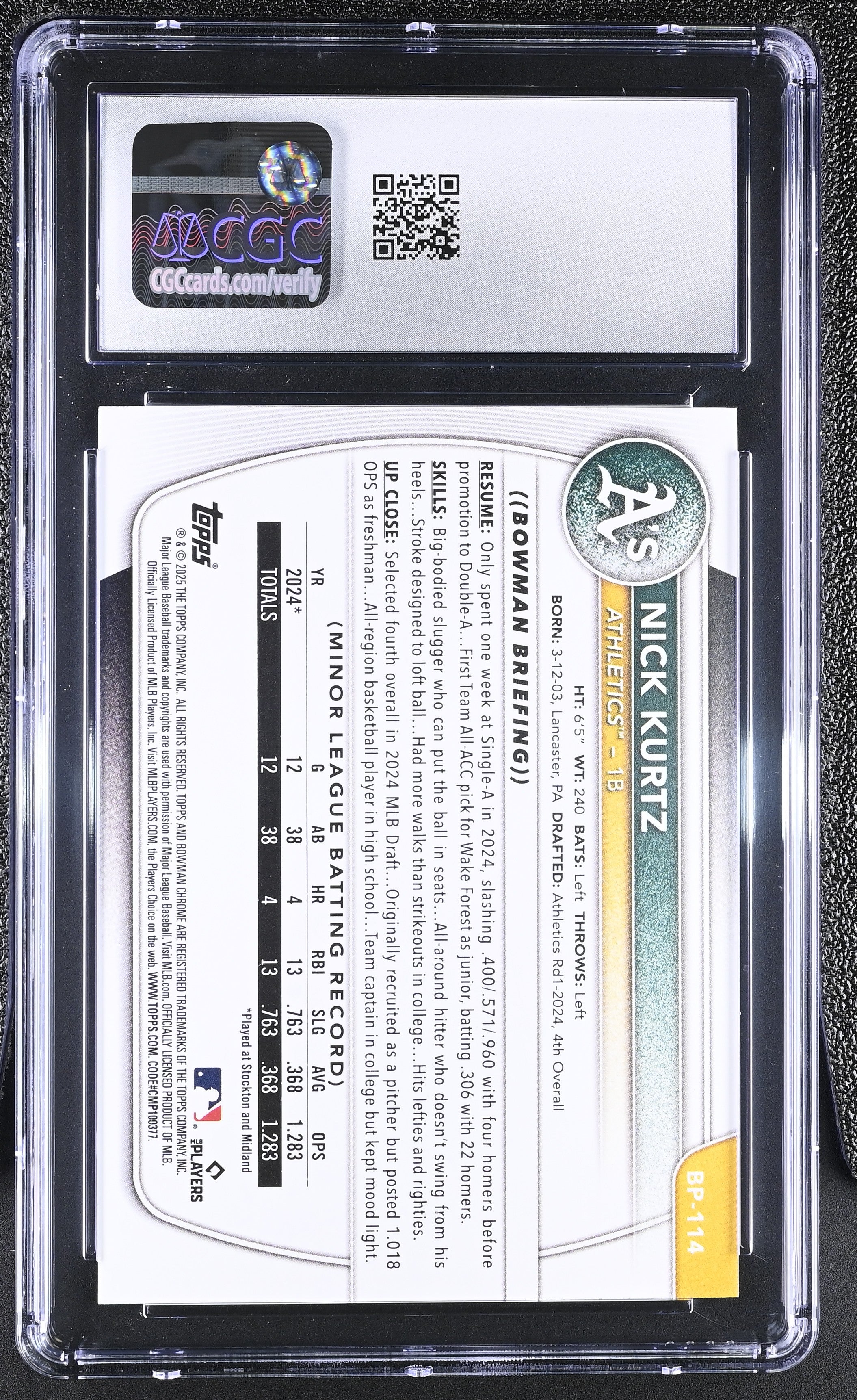2025 Bowman Nick Kurtz #BP-114 Prospects CGC 10