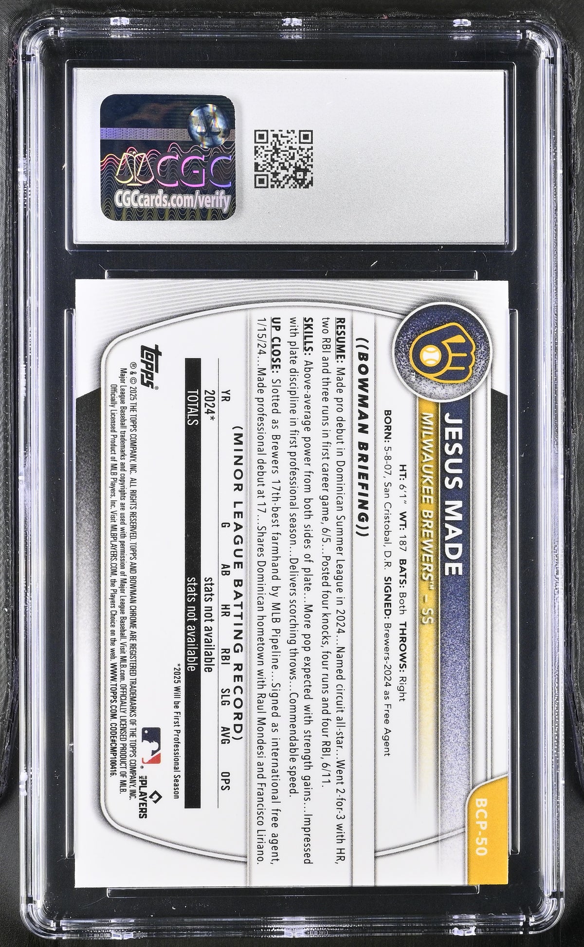 2025 Bowman Jesus Made Chrome Prospects #BCP-50 CGC 10 Milwaukee Brewers