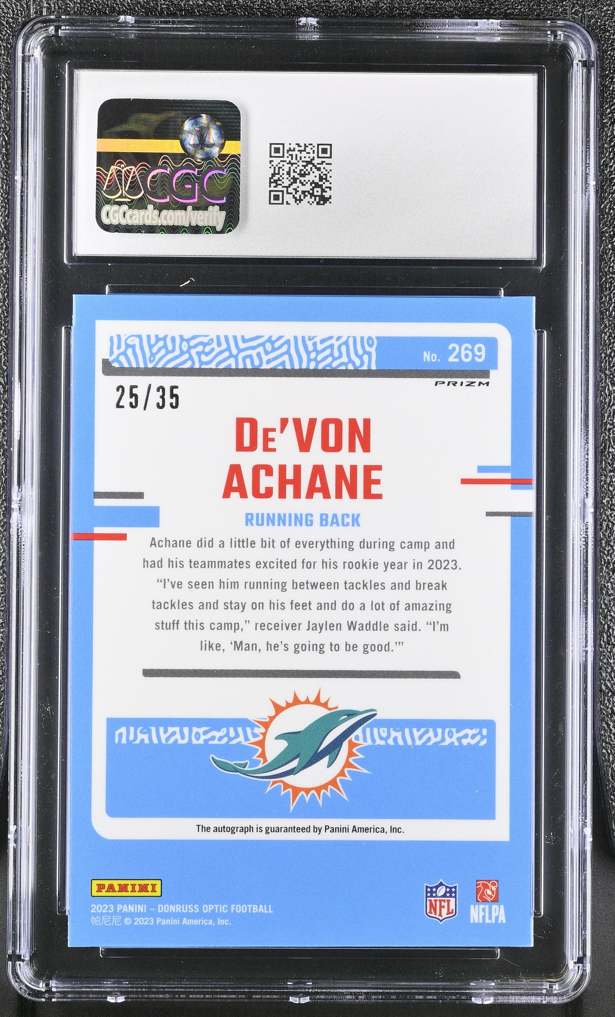 2023 Donruss Optic De'Von Achane Purple /35 Rated Rookie Auto CGC 10 Dolphins