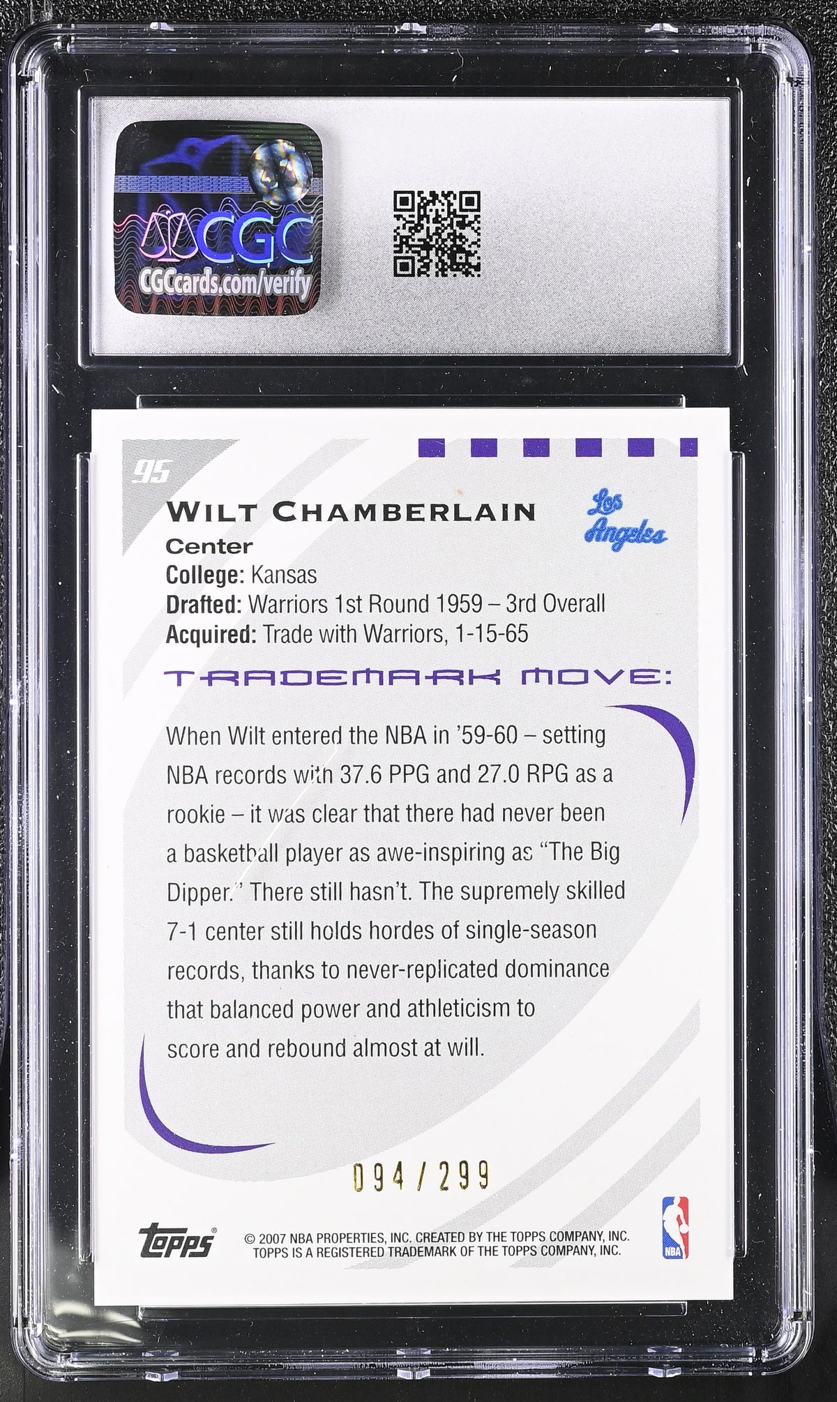 2006-07 Topps Trademark Moves Wilt Chamberlain Foil #95 CGC 10 Lakers