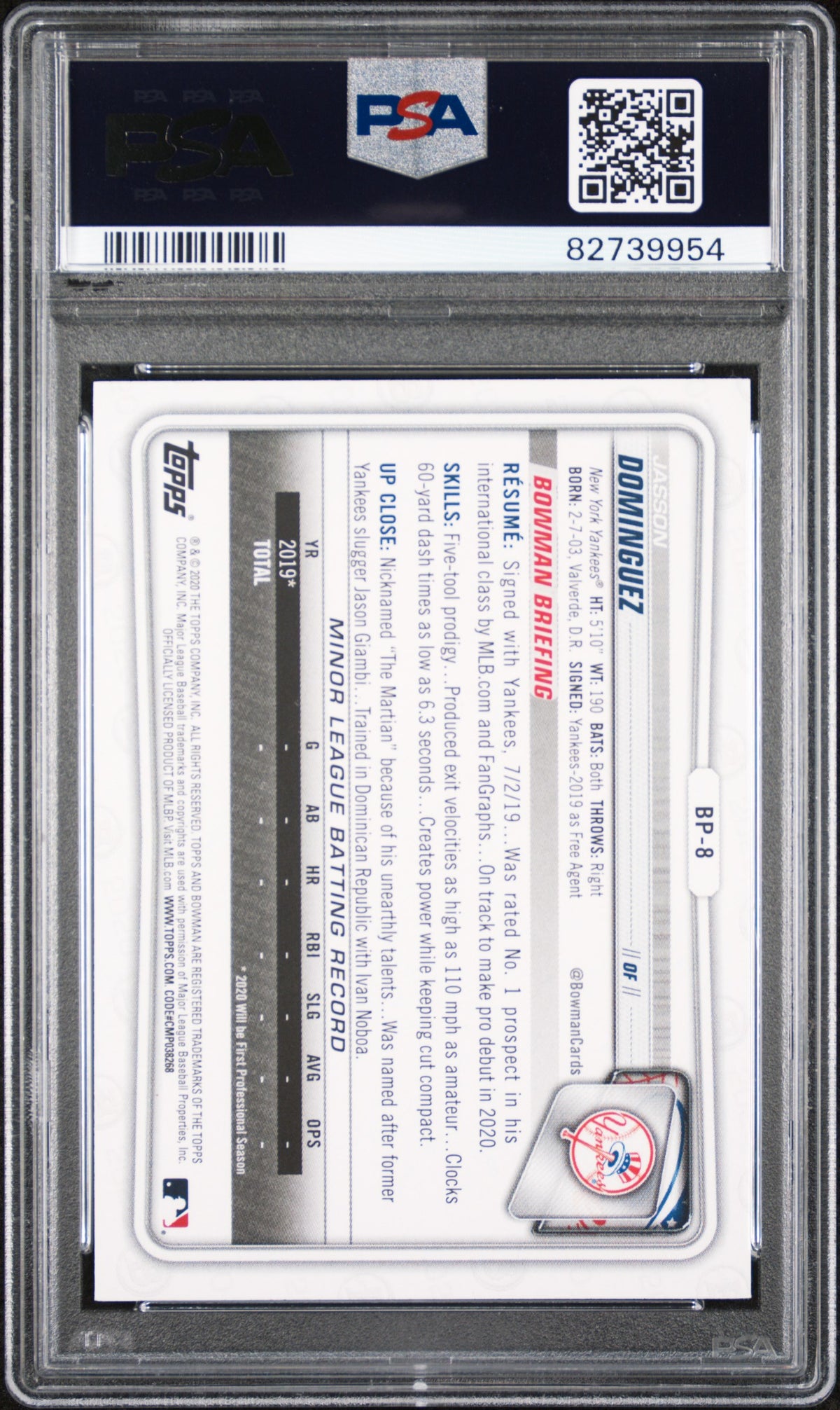 2020 Bowman Paper Prospects Jasson Dominguez Rookie #BP8 PSA 10 New York Yankees