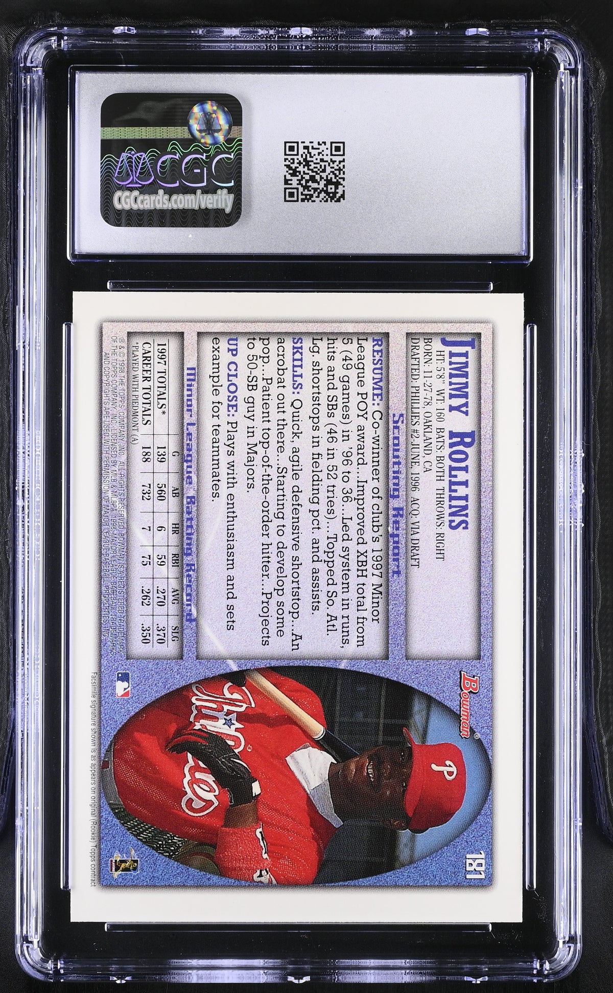 1998 Bowman Jimmy Rollins Rookie #181 CGC 10 Philadelphia Phillies
