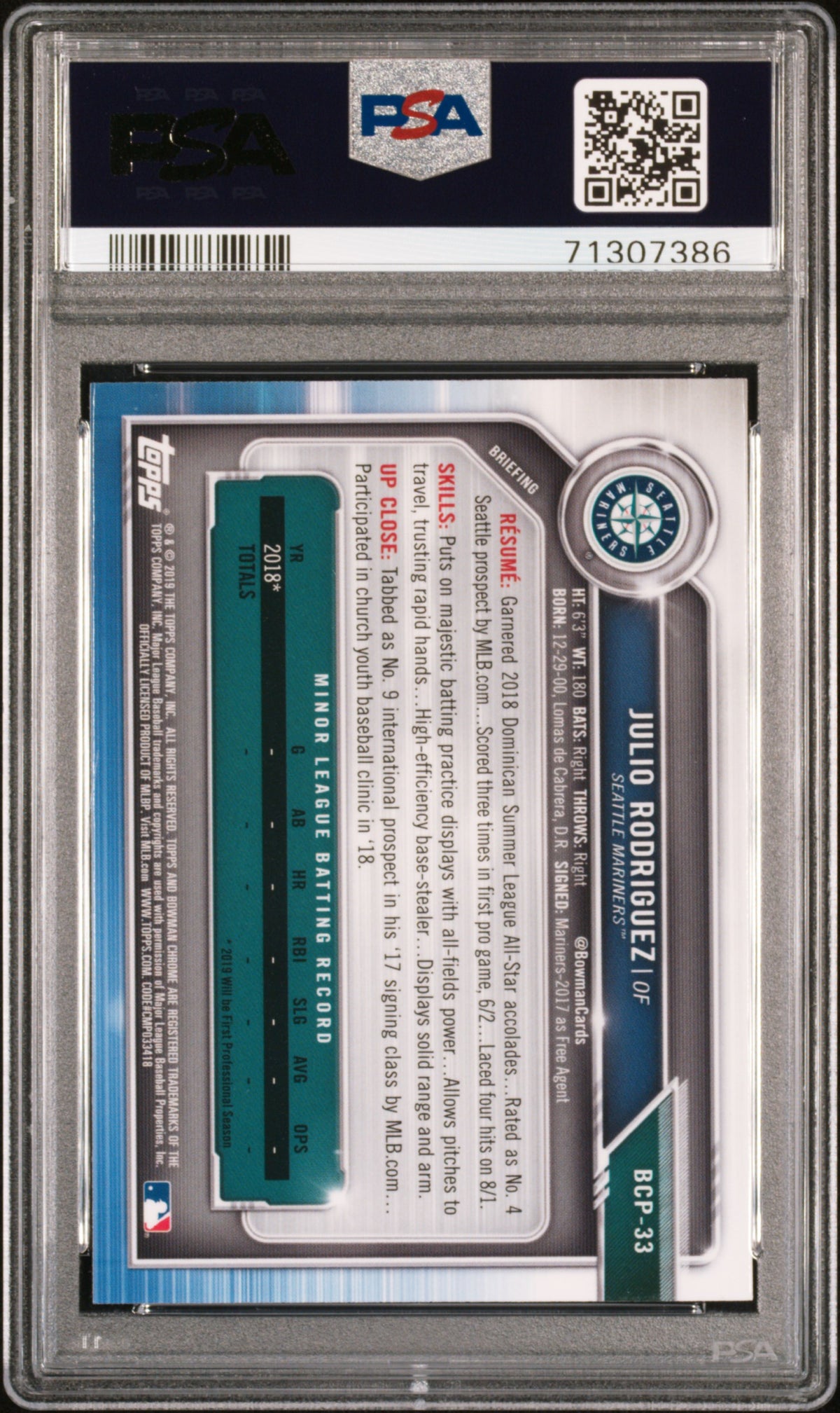 2019 Bowman Mega Box Chrome Julio Rodriguez Rookie #33 PSA 10 Seattle Mariners