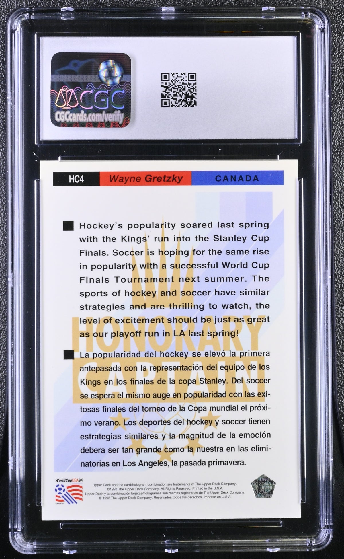 1993 Upper Deck World Cup Preview Wayne Gretzky Honorary Captains #HC4 CGC 9.5