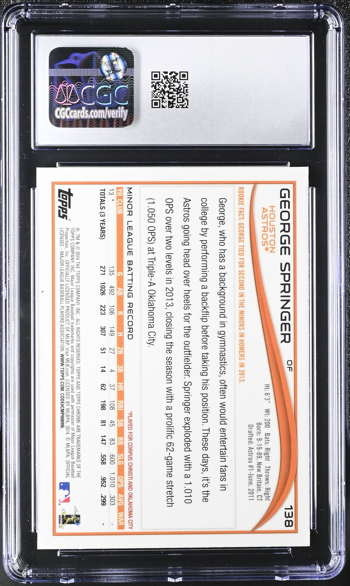 2014 Topps Chrome George Springer Rookie #138 CGC 9.5 Houston Astros