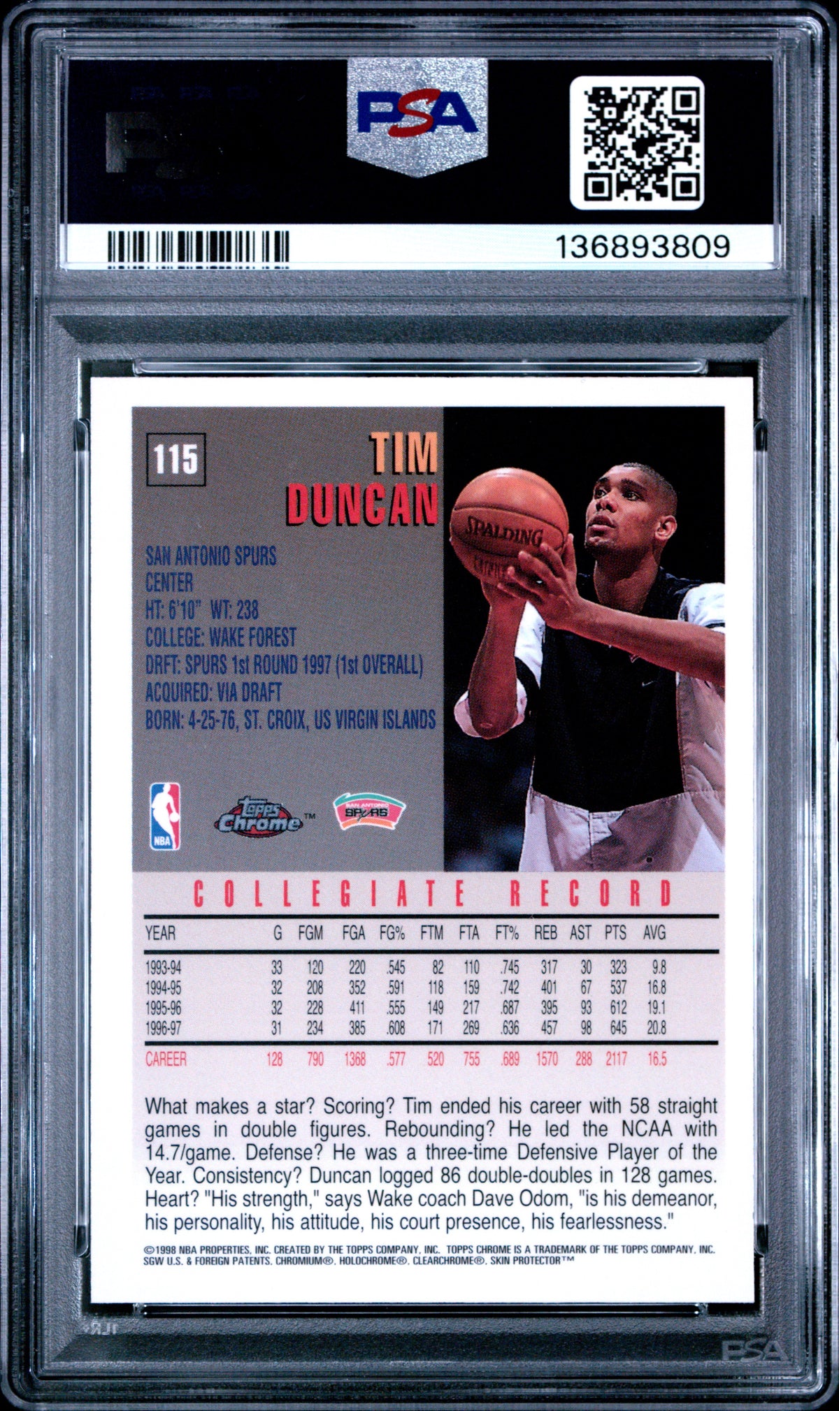 1997 Topps Chrome Tim Duncan Rookie #115 PSA 8 San Antonio Spurs