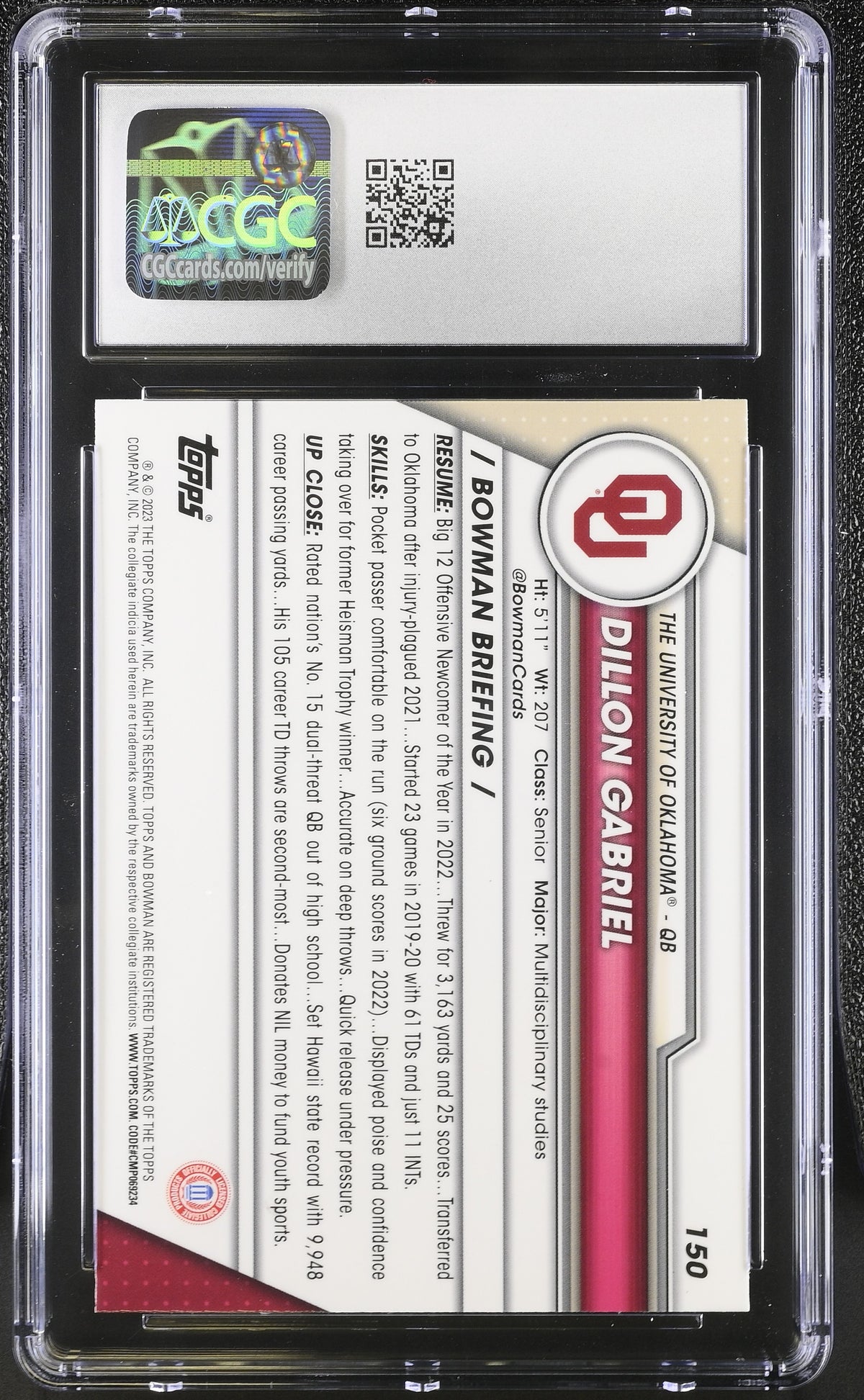 2023 Bowman University Sapphire Dillon Gabriel Rookie #150 CGC 10 Oklahoma