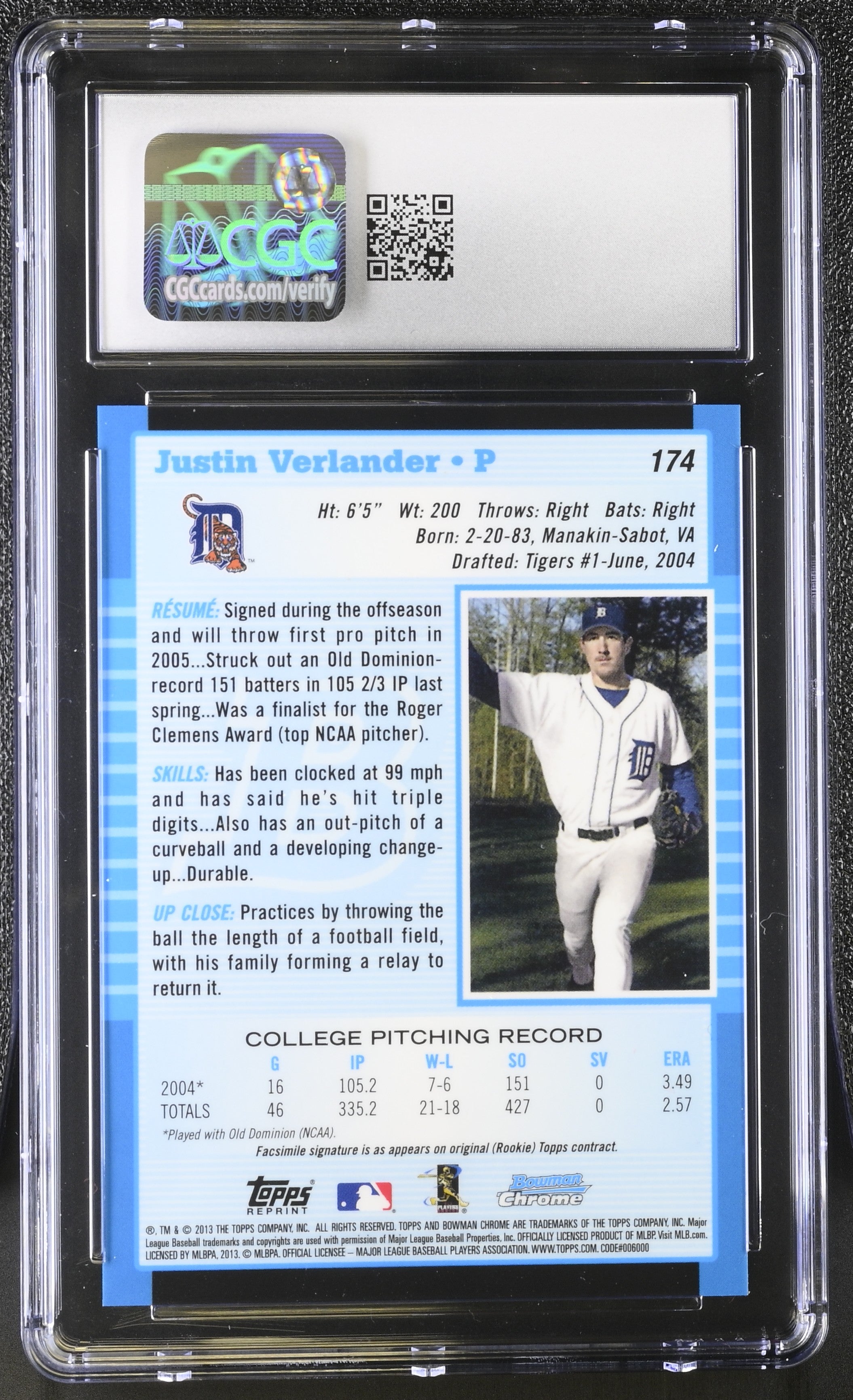 2013 Bowman Justin Verlander #174 Blue Sapphire Rookie Reprints CGC 9