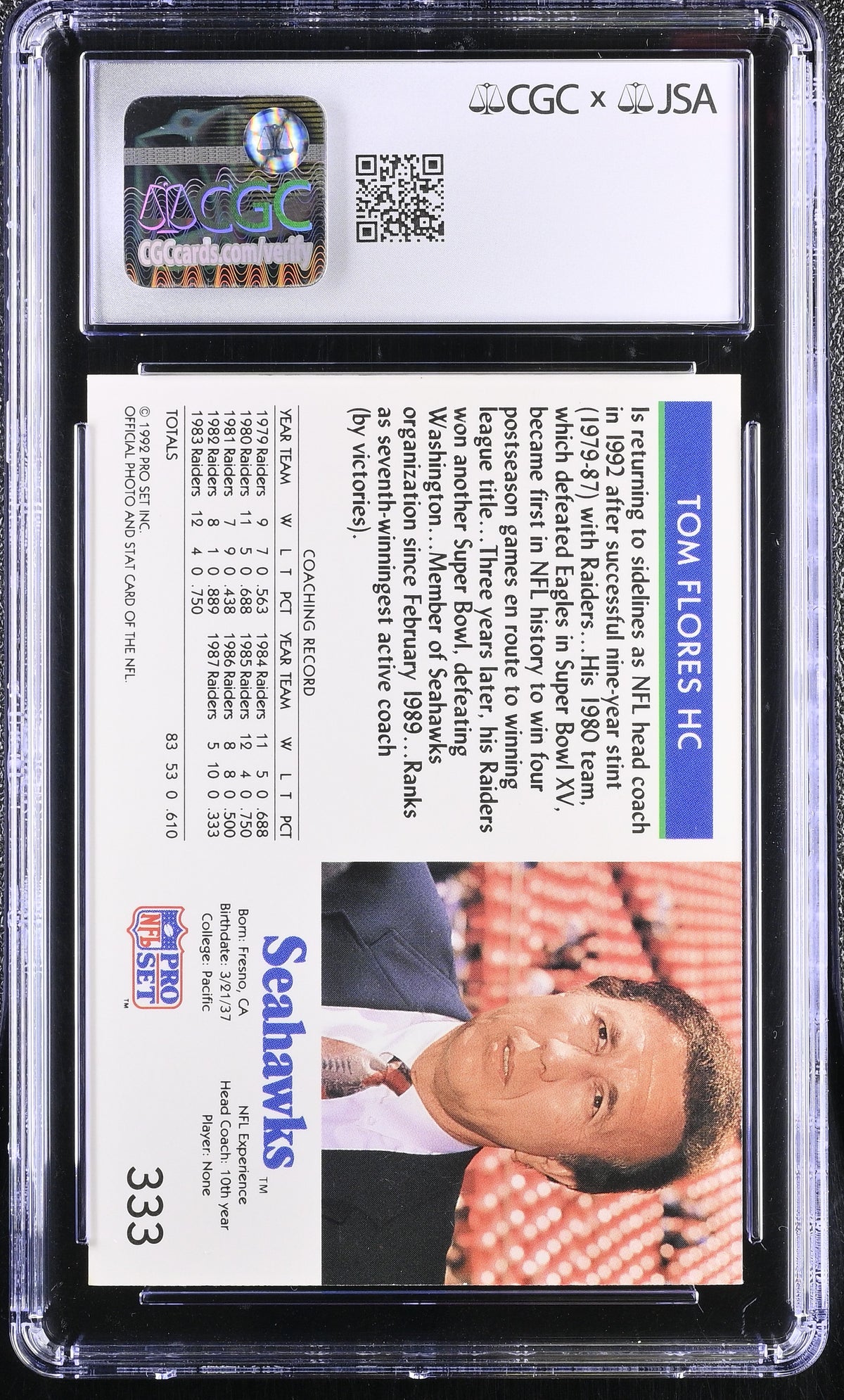 1992 Pro Set Tom Flores Auto Autograph #333 CGC 9 JSA Seattle Seahawks