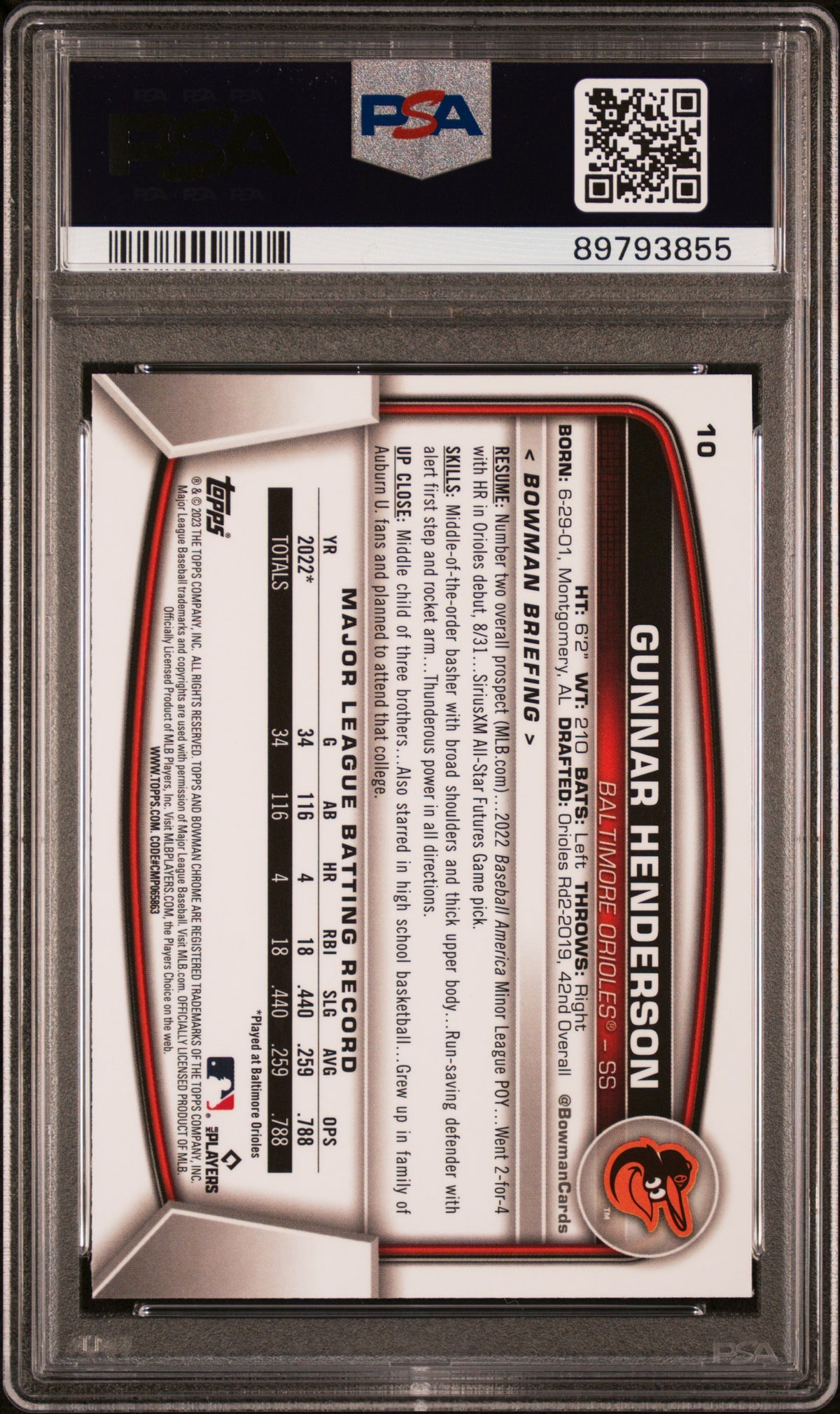 2023 Bowman Chrome Gunnar Henderson Rookie #10 PSA 8 Baltimore Orioles