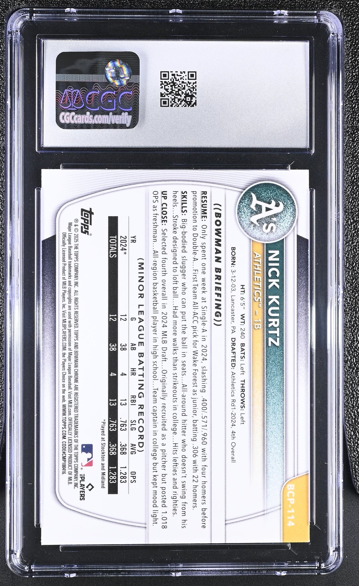 2025 Bowman Nick Kurtz Mini-Diamond Refractor Rookie Chrome Prospects CGC 10