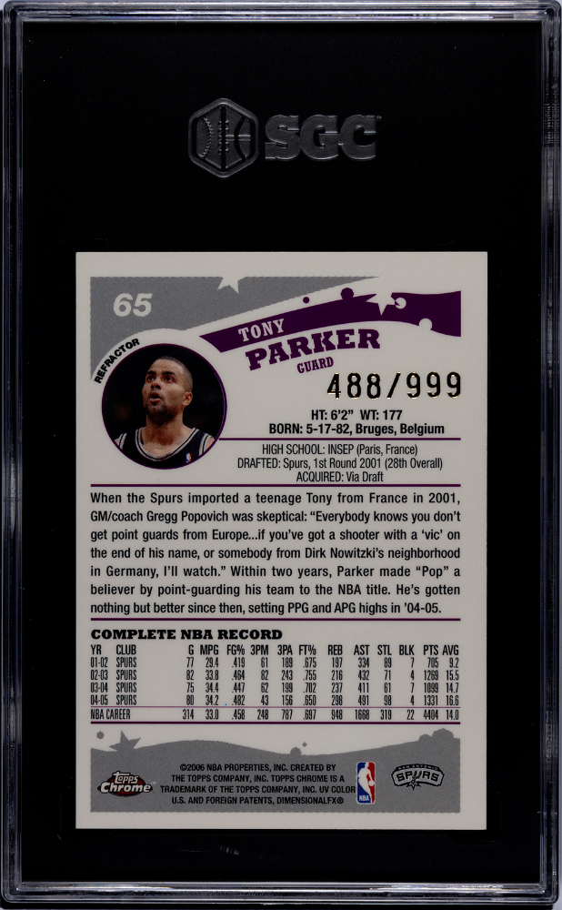 2005 Topps Chrome Tony Parker #65 Refractor 999 SGC 9