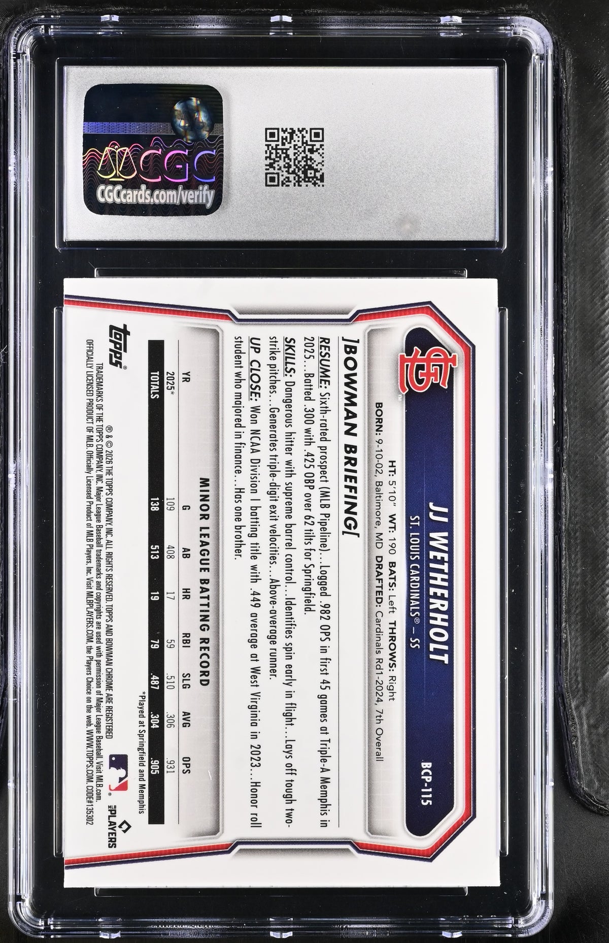 2026 Bowman Sapphire JJ Wetherholt Yellow /75 Rookie #BCP-115 CGC 9 Cardinals