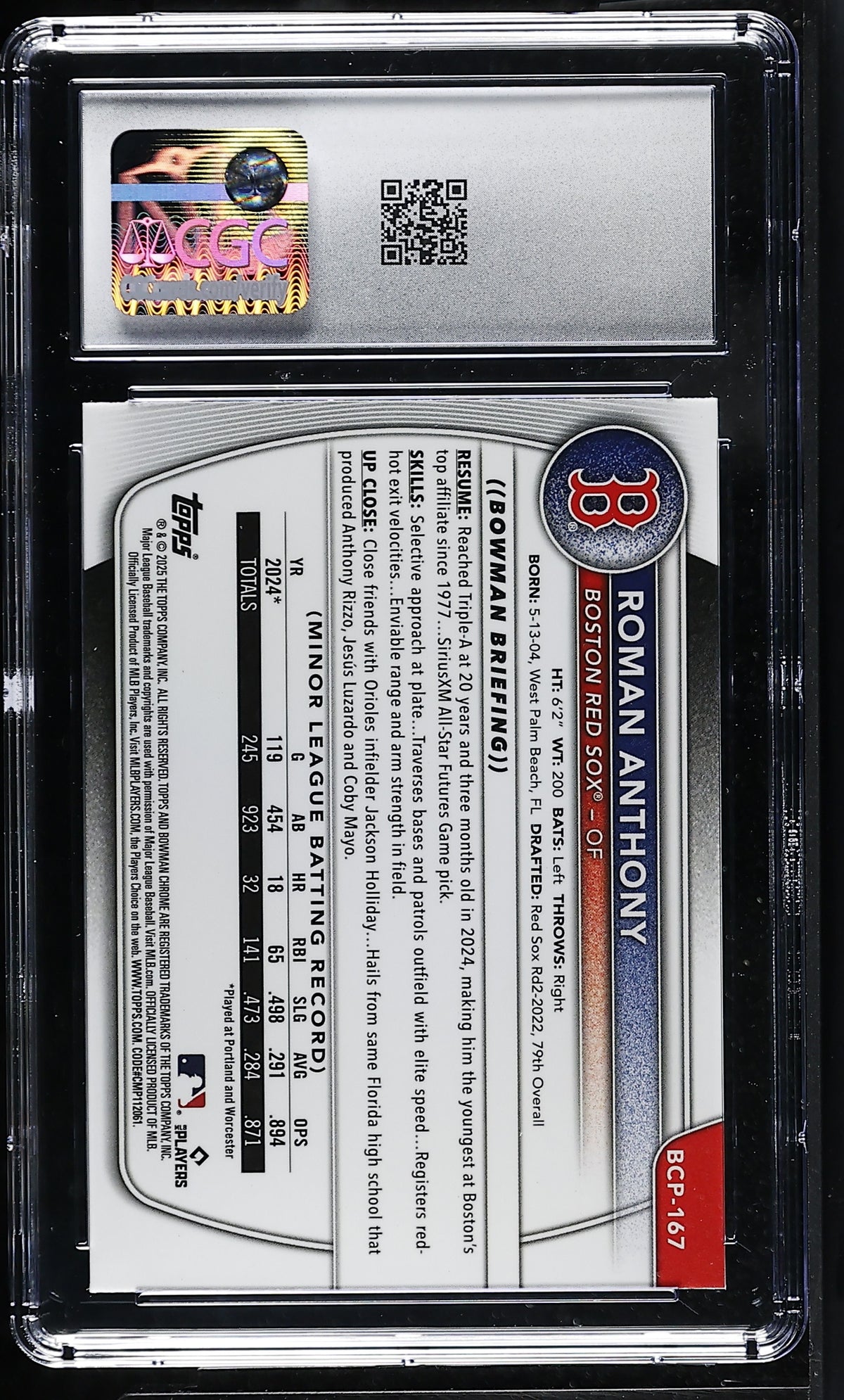 2025 Bowman Chrome Roman Anthony Laser Refractor Rookie BCP-167 CGC 10 Red Sox