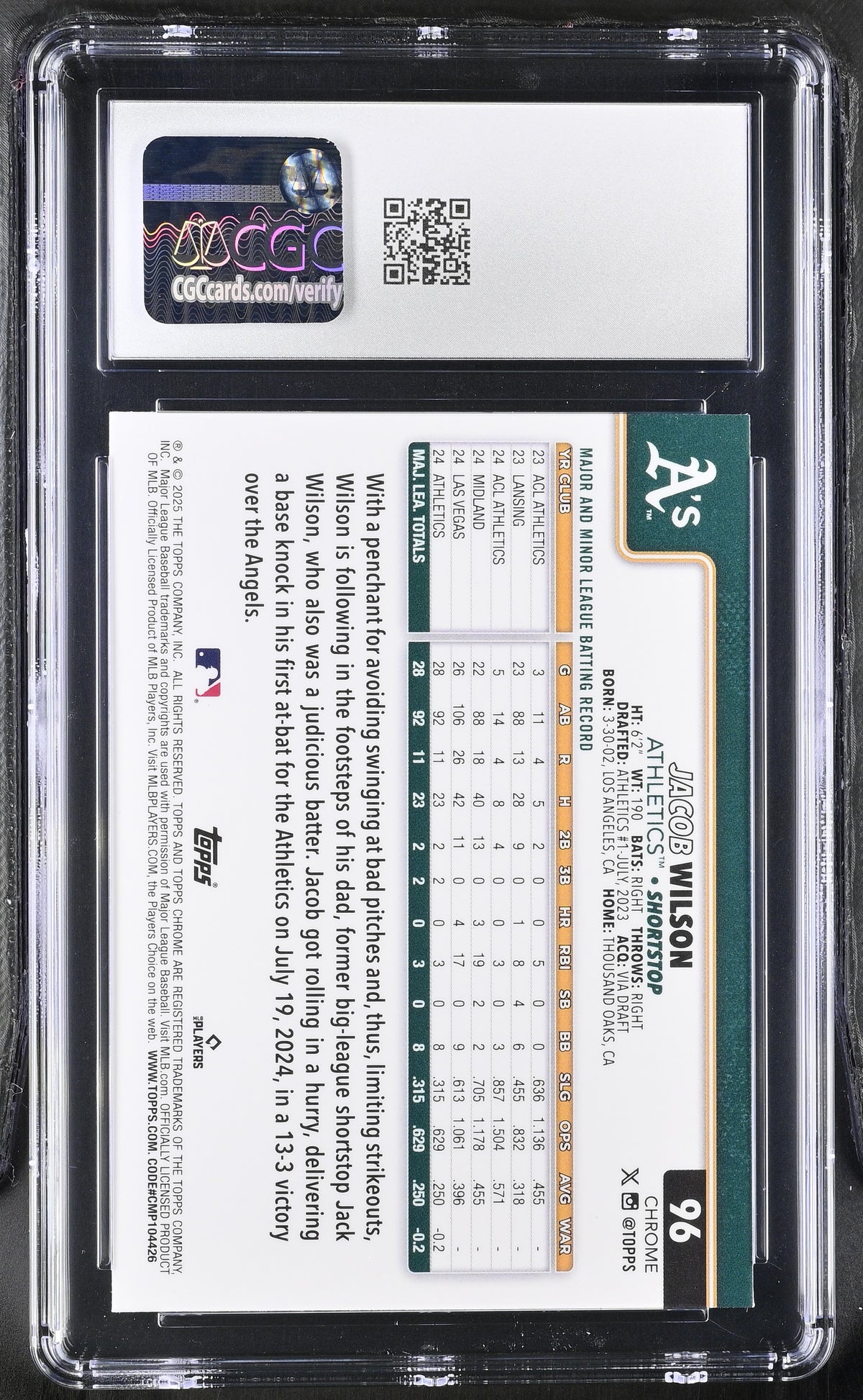 2025 Topps Chrome Jacob Wilson #96 CGC 10