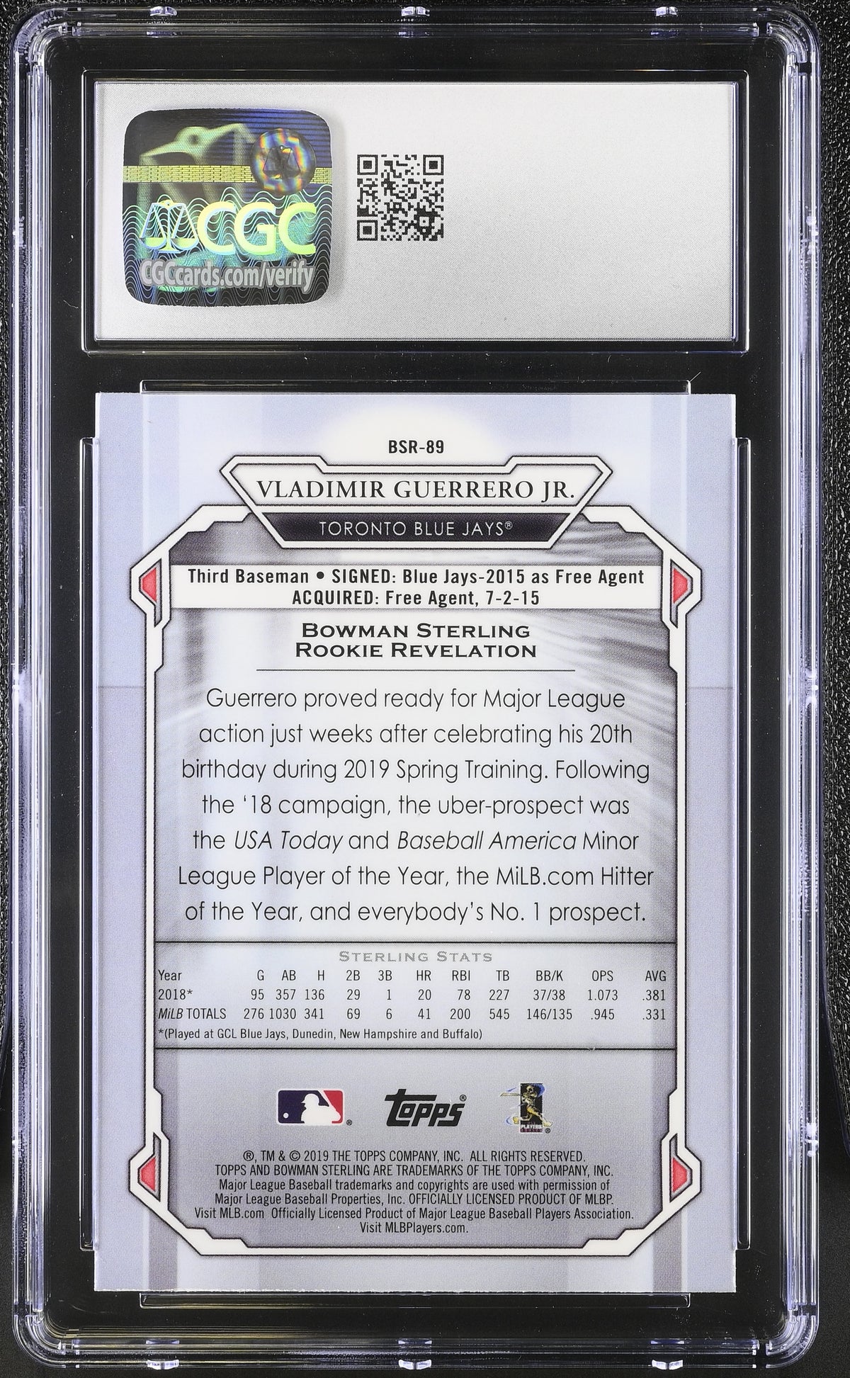 2019 Bowman Sterling Vladimir Guerrero Jr. Rookie #BSR-89 CGC 10 Blue Jays