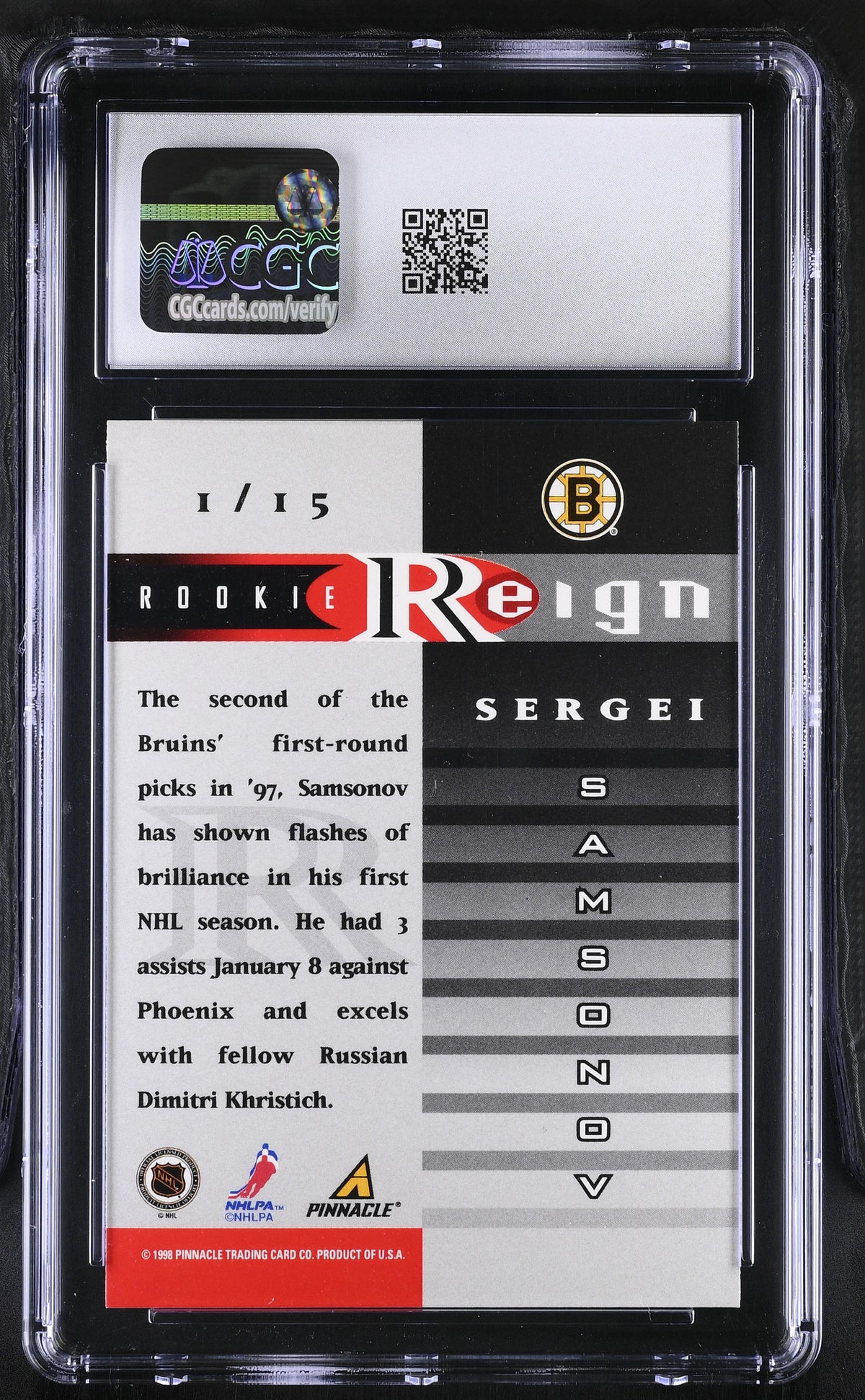 1997-98 Pinnacle Zenith Sergei Samsonov Rookie Reign #1 CGC 9.5 Boston Bruins