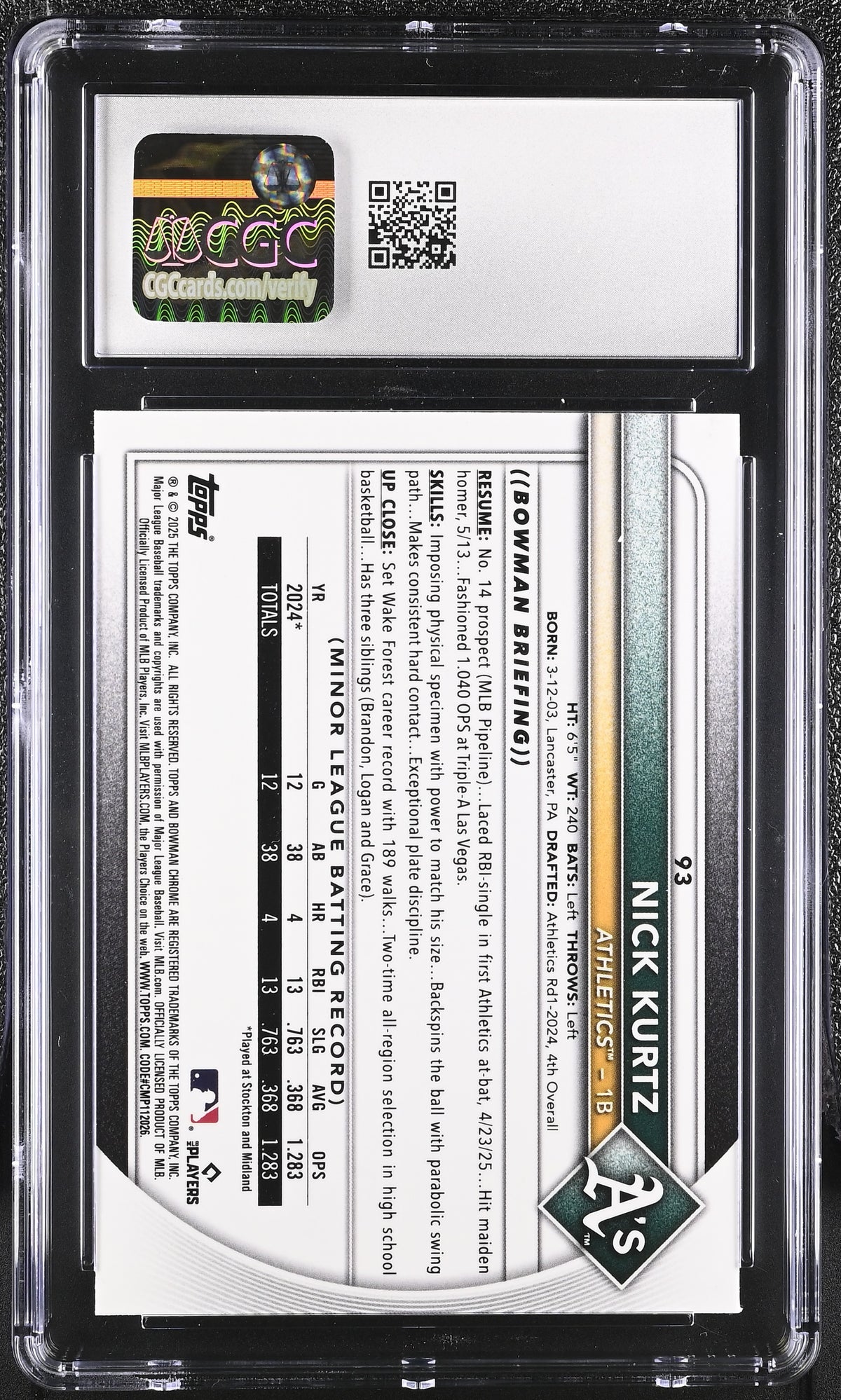 2025 Bowman Chrome Nick Kurtz Rookie #93 CGC 9.5 Oakland Athletics