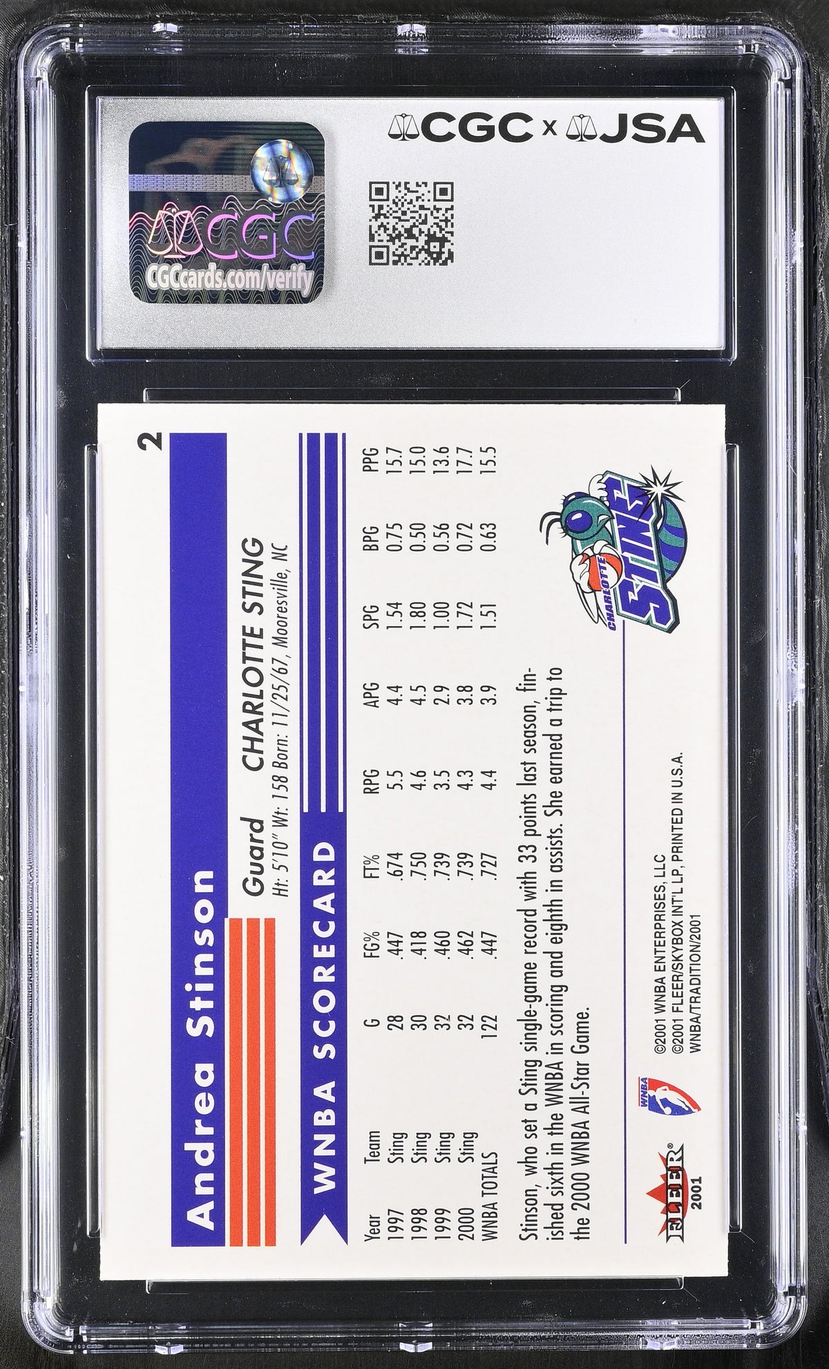 2001 Fleer Tradition WNBA Andrea Stinson Auto Autograph #2 CGC 8 JSA Sting