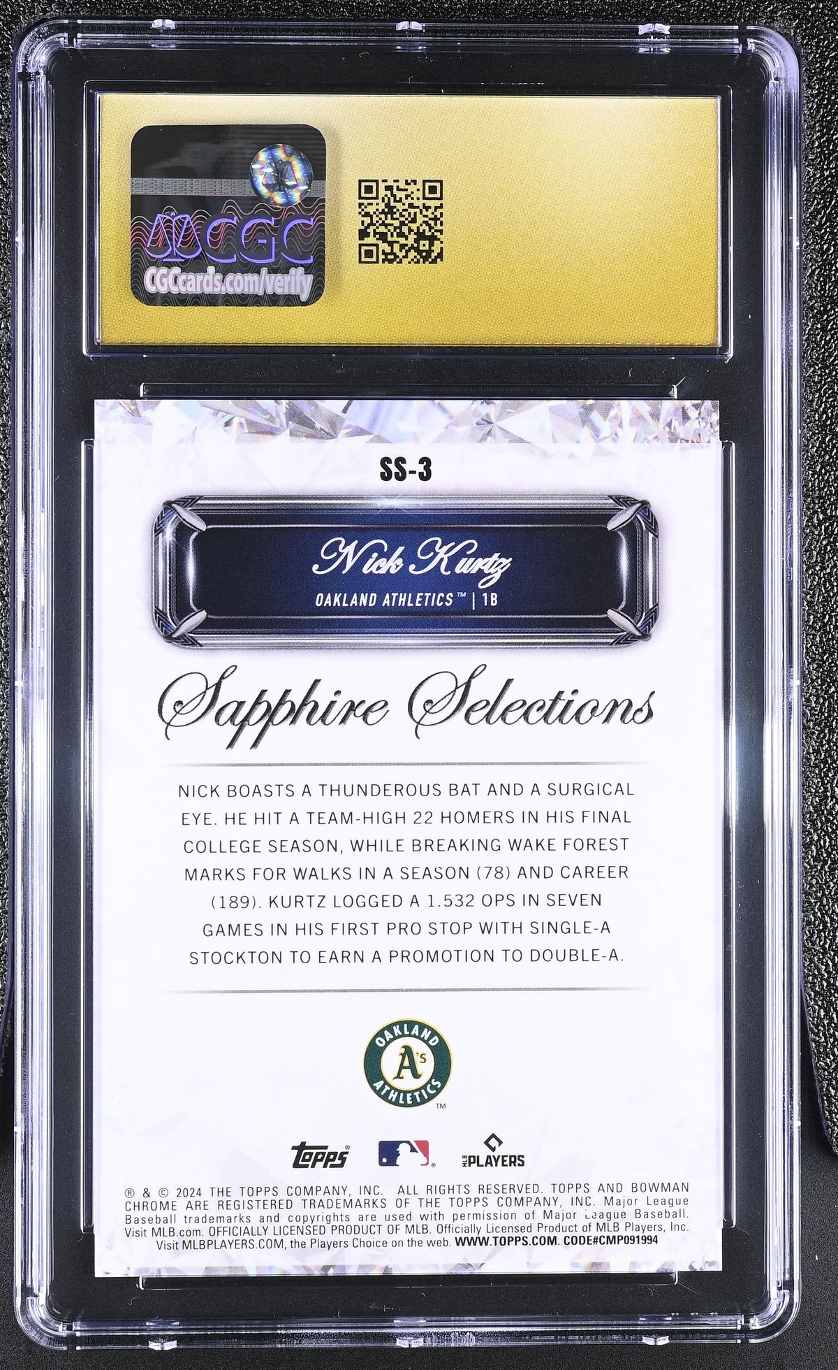 2024 Bowman Draft Sapphire Nick Kurtz Rookie Selections #SS-3 CGC 10 Pristine