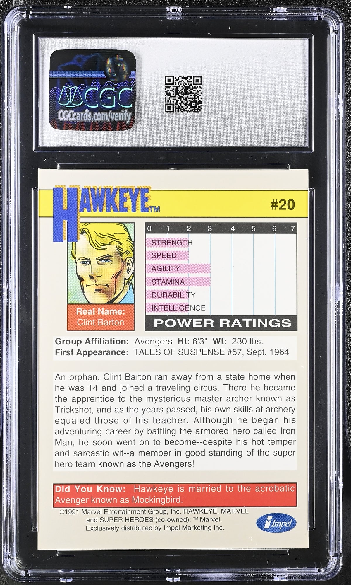 1991 Impel Marvel Universe Series II Hawkeye #20 CGC 9.5