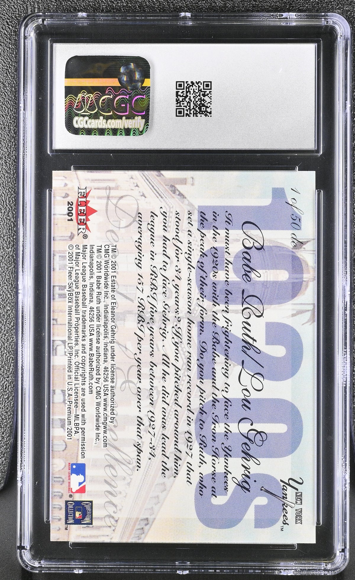 2001 Fleer Premium Babe Ruth/Lou Gehrig Decades of Excellence 1DE CGC 10 Yankees