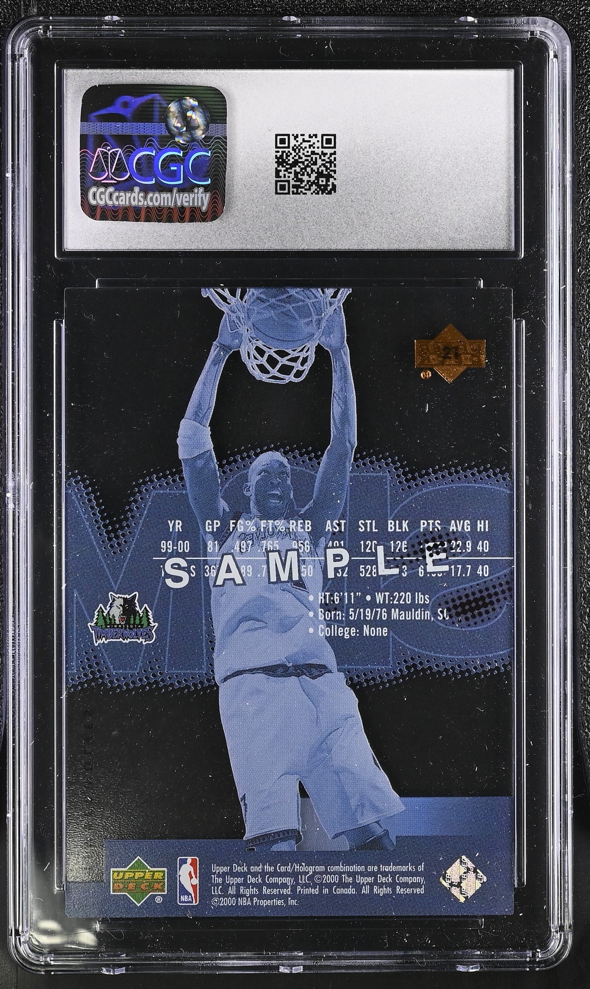 2000-01 Upper Deck Slam Kevin Garnett Sample #21 CGC 9.5 Minnesota Timberwolves
