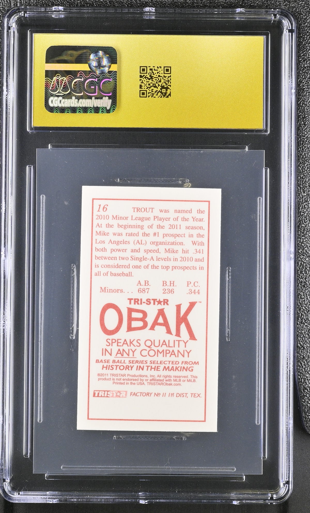 2011 Tristar Obak Mike Trout Rookie T-212 Mini #16 CGC 10 Pristine Angels