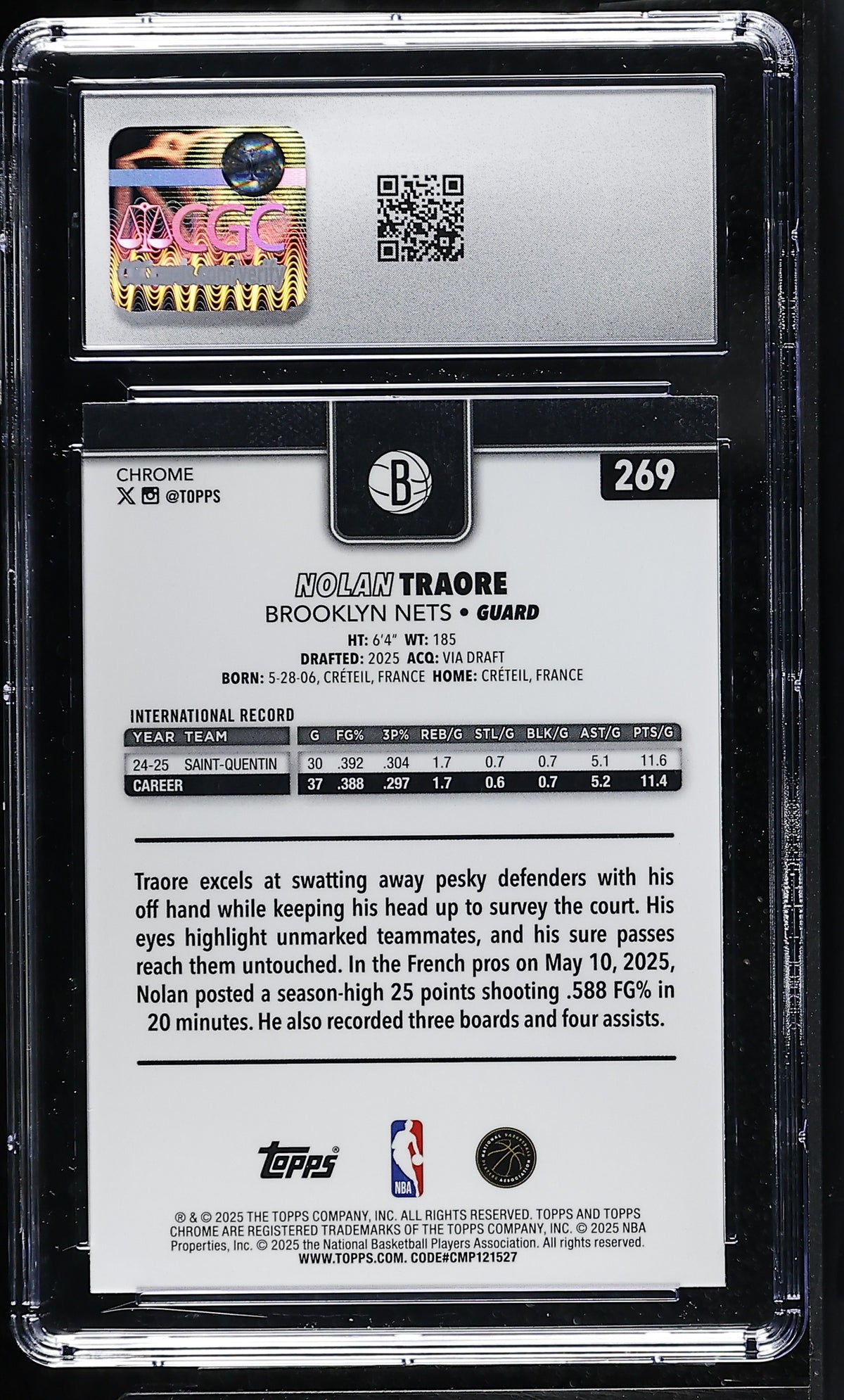 2025-26 Topps Chrome Nolan Traore Basketball Refractor Rookie #269 CGC 10 Nets