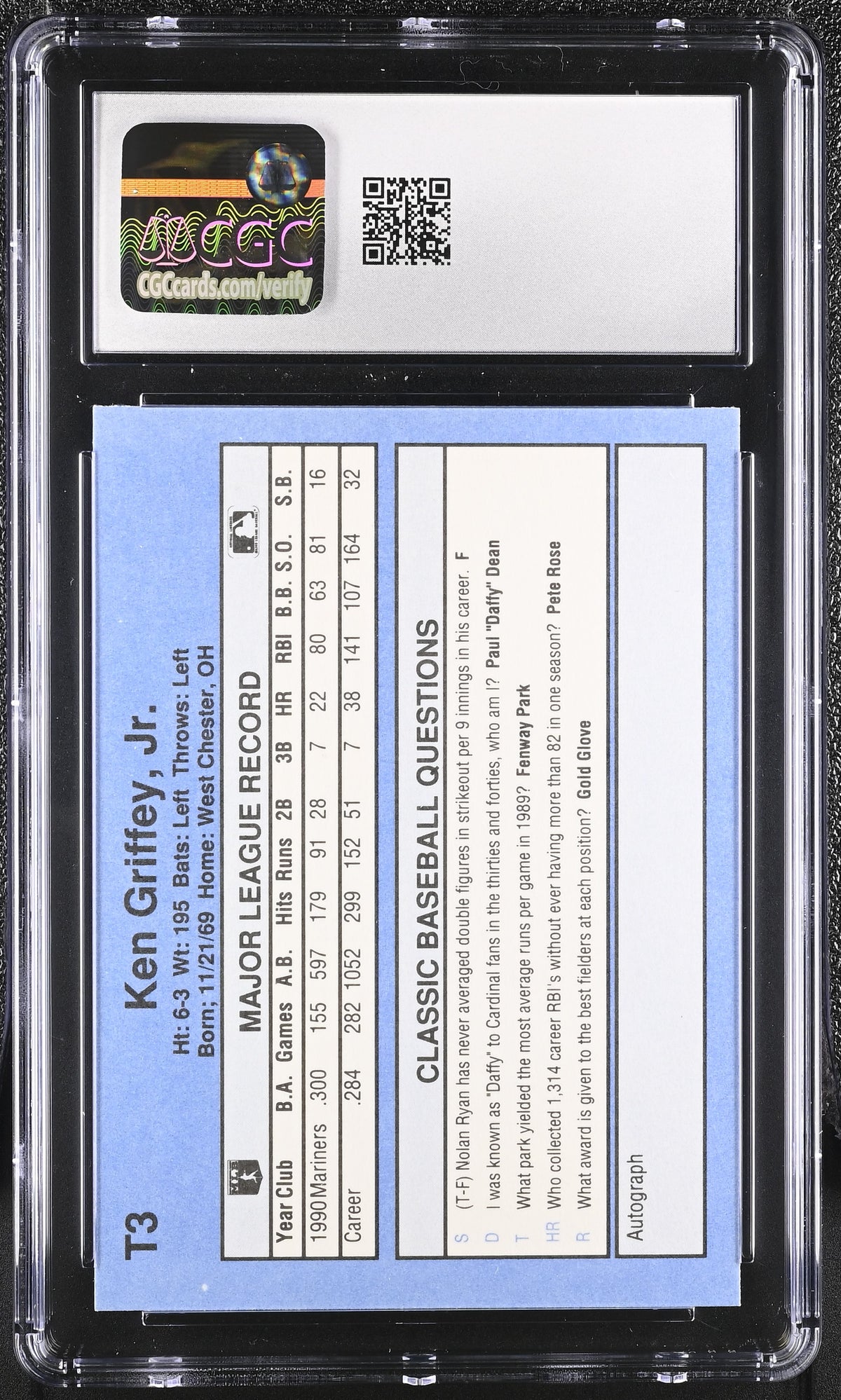 1991 Classic Blue Travel Edition Ken Griffey Jr. #T3 CGC 9.5 Seattle Mariners