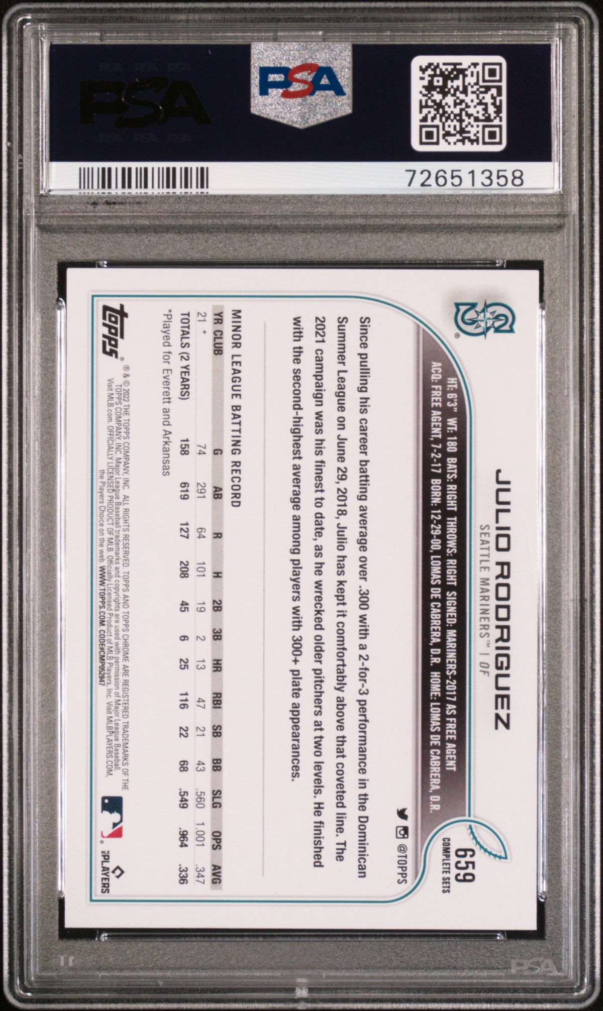 2022 Topps Complete Set Julio Rodriguez Variation Rookie #659 PSA 9 Mariners