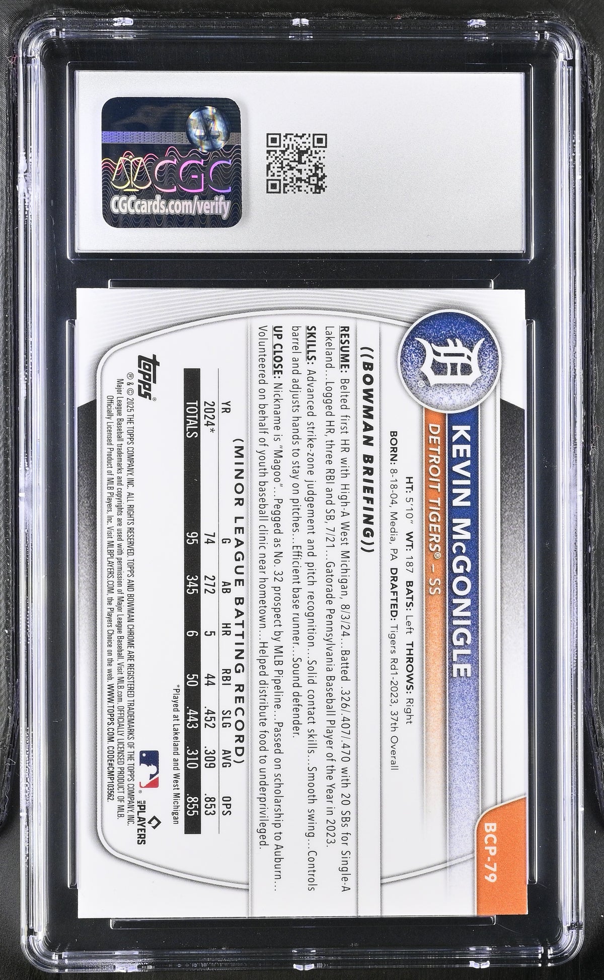 2025 Bowman Mega Box Kevin McGonigle Rookie #BCP-79 CGC 10 Detroit Tigers