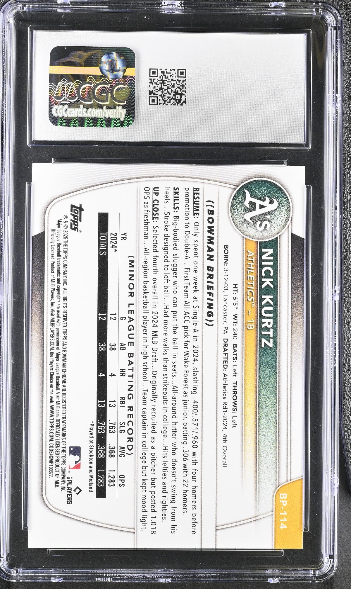 2025 Bowman Nick Kurtz Rookie Prospects #BP-114 CGC 10 Oakland Athletics