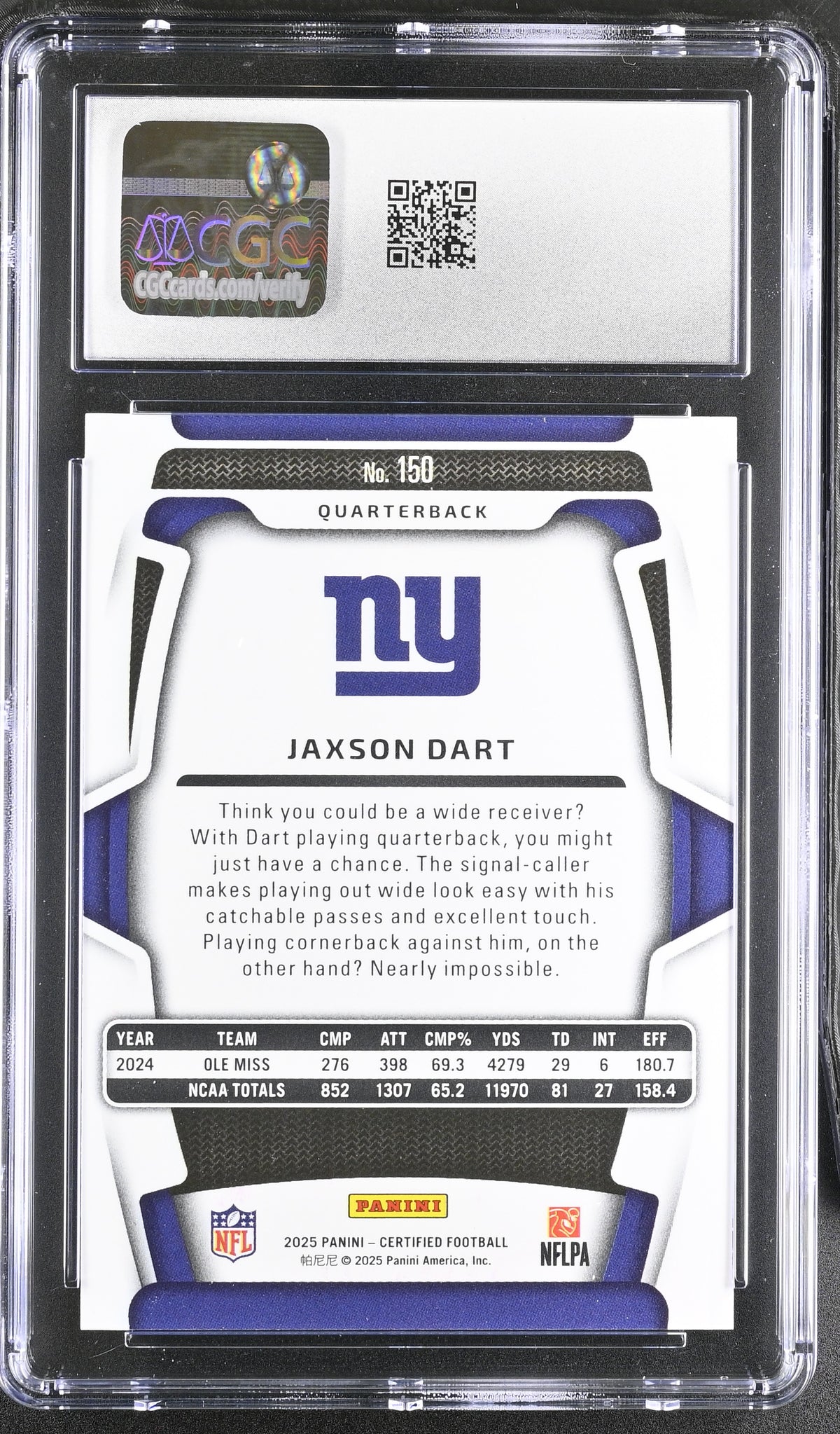 2025 Panini Certified Jaxson Dart Mirror Purple /299 Rookie #150 CGC 10 Giants