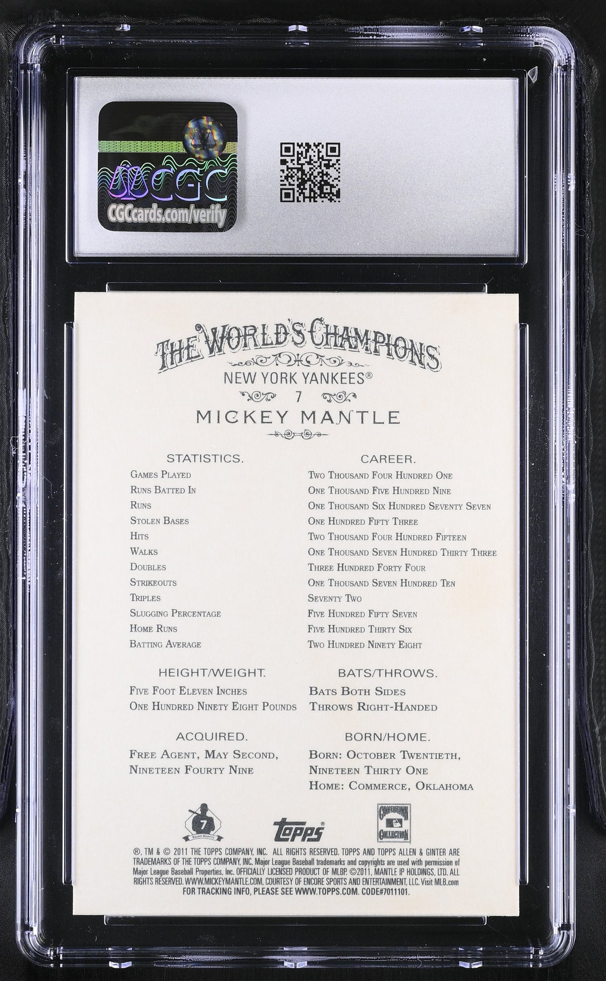 2011 Topps Allen & Ginter Mickey Mantle #7 CGC 9.5 New York Yankees