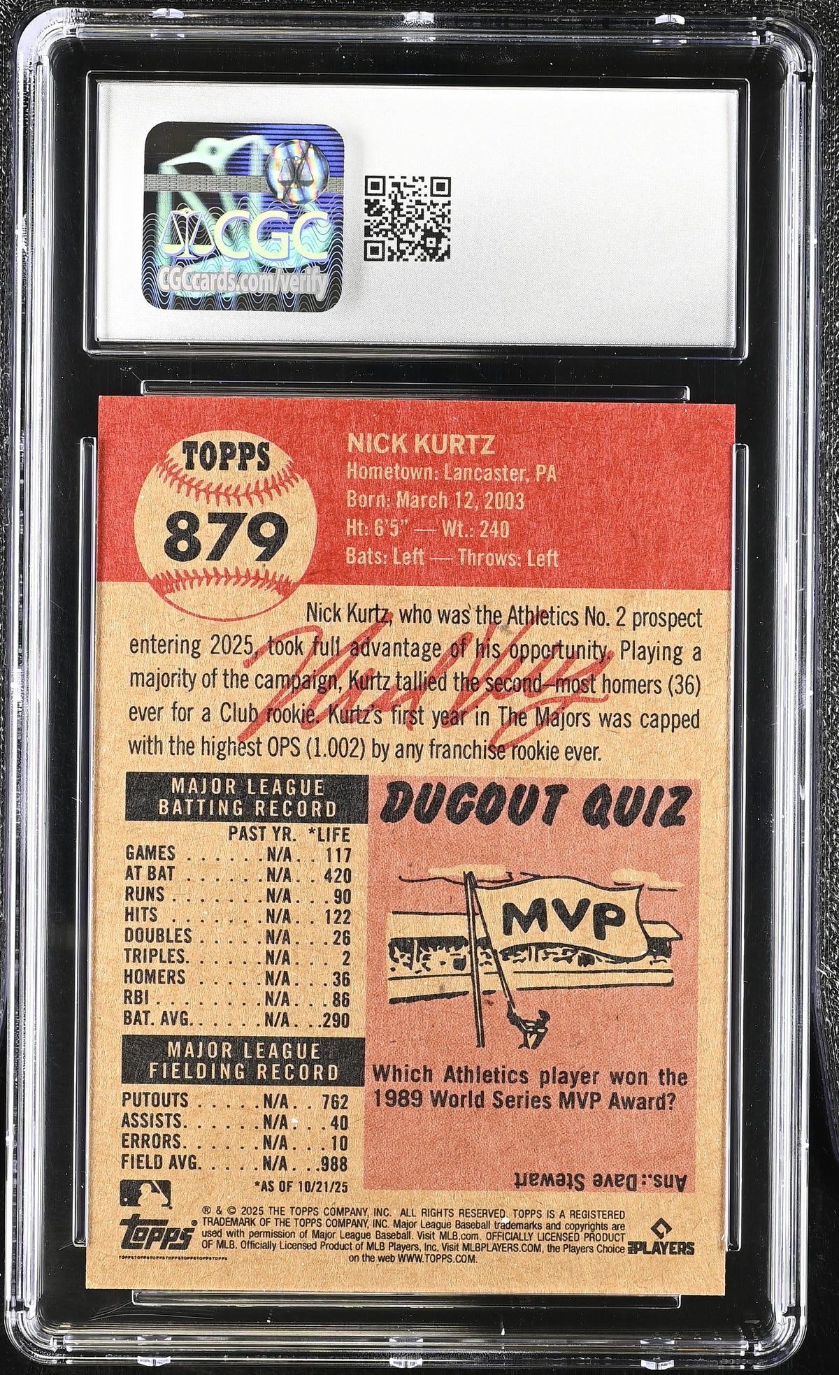 2025 Topps Living Set Nick Kurtz Rookie #879 CGC 10 Oakland Athletics