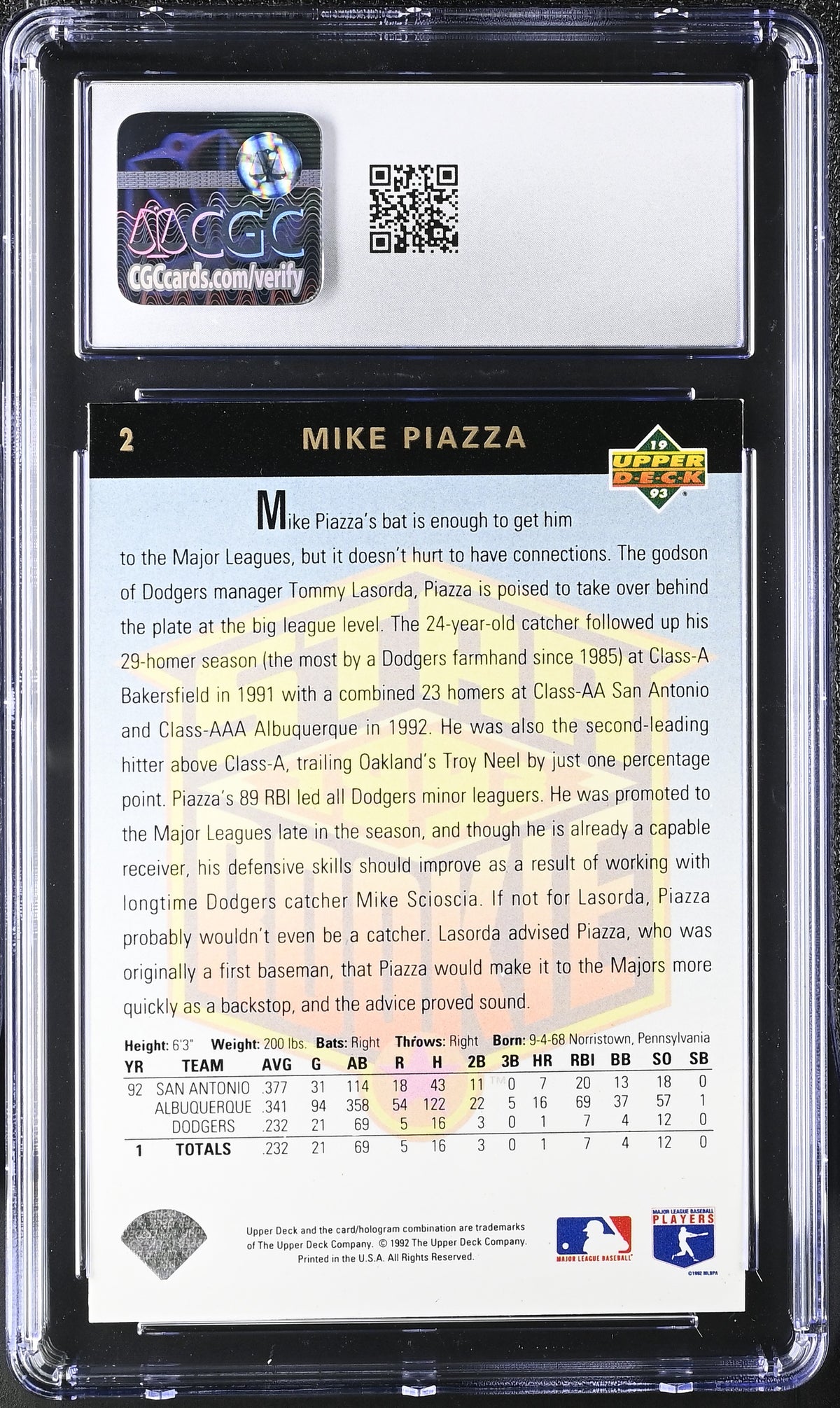 1993 Upper Deck Mike Piazza #2 CGC 9