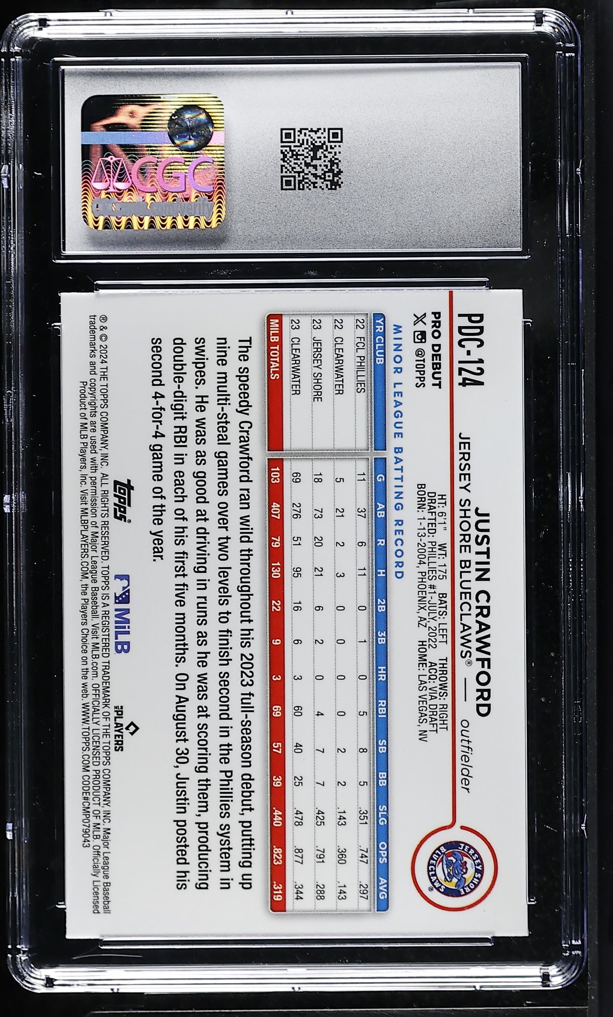 2024 Topps Pro Debut Justin Crawford Gold Refractor /50 Chrome #PDC-124 CGC 10
