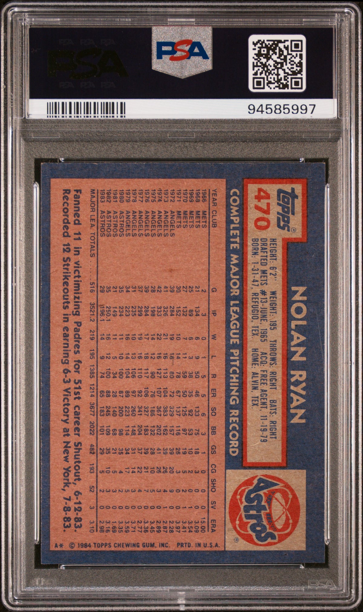 1984 Topps Nolan Ryan #470 PSA 8