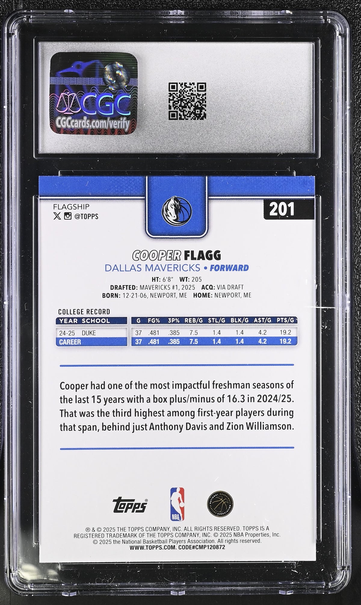 2025-26 Topps Cooper Flagg Rookie #201 CGC 9 Dallas Mavericks