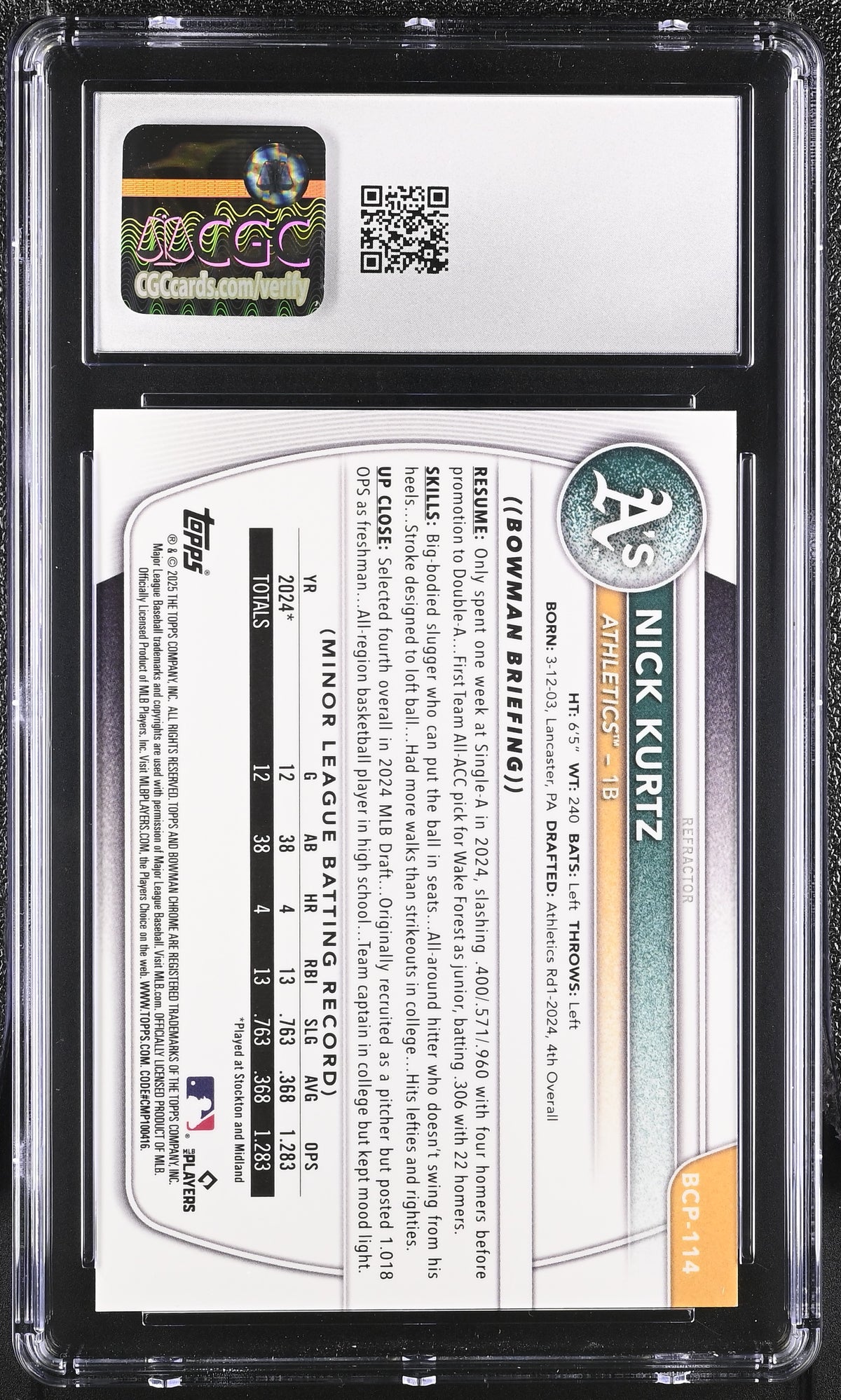 2025 Bowman Nick Kurtz Refractor /499 Rookie Chrome Prospects #BCP-114 CGC 10