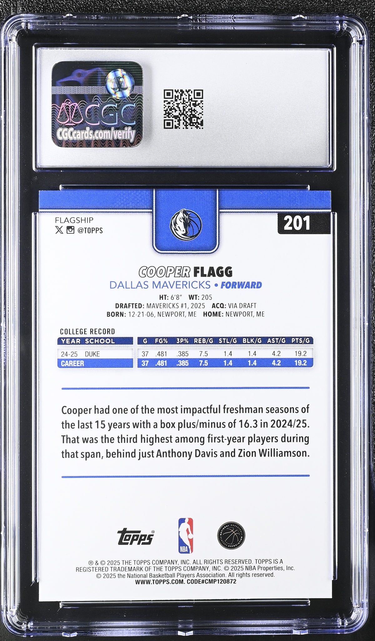 2025-26 Topps Cooper Flagg Rookie #201 CGC 9.5 Dallas Mavericks
