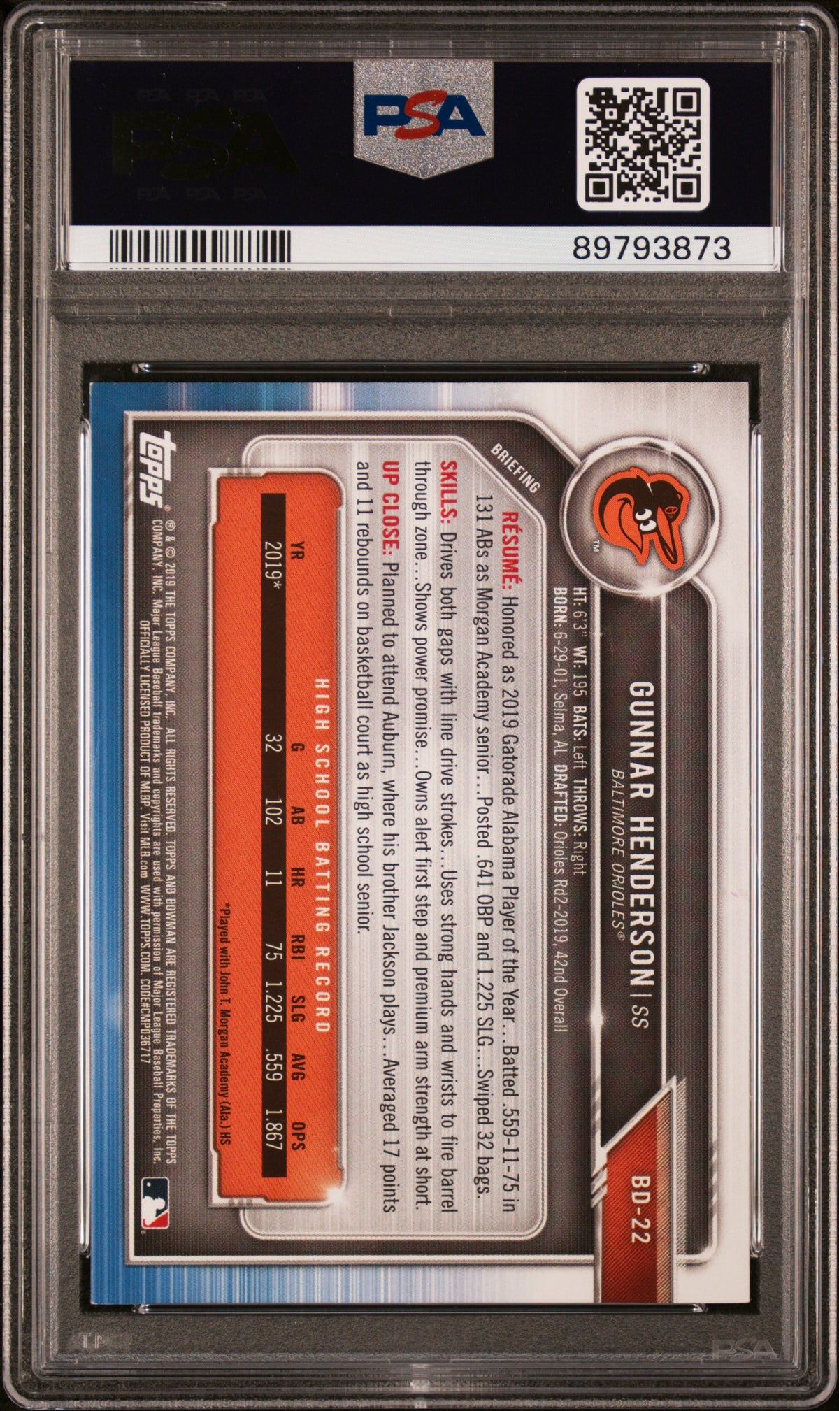 2019 Bowman Draft Gunnar Henderson Rookie #BD22 PSA 8 Baltimore Orioles