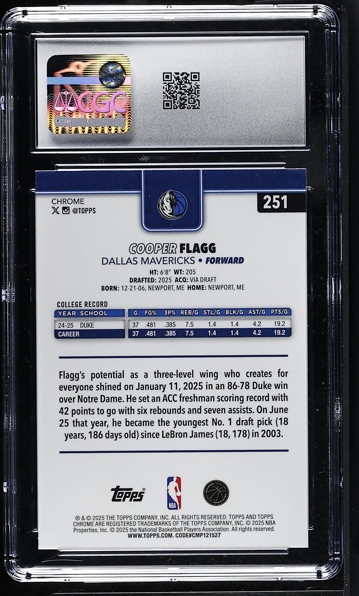 2025-26 Topps Chrome Cooper Flagg Rookie #251 CGC 9.5 Dallas Mavericks