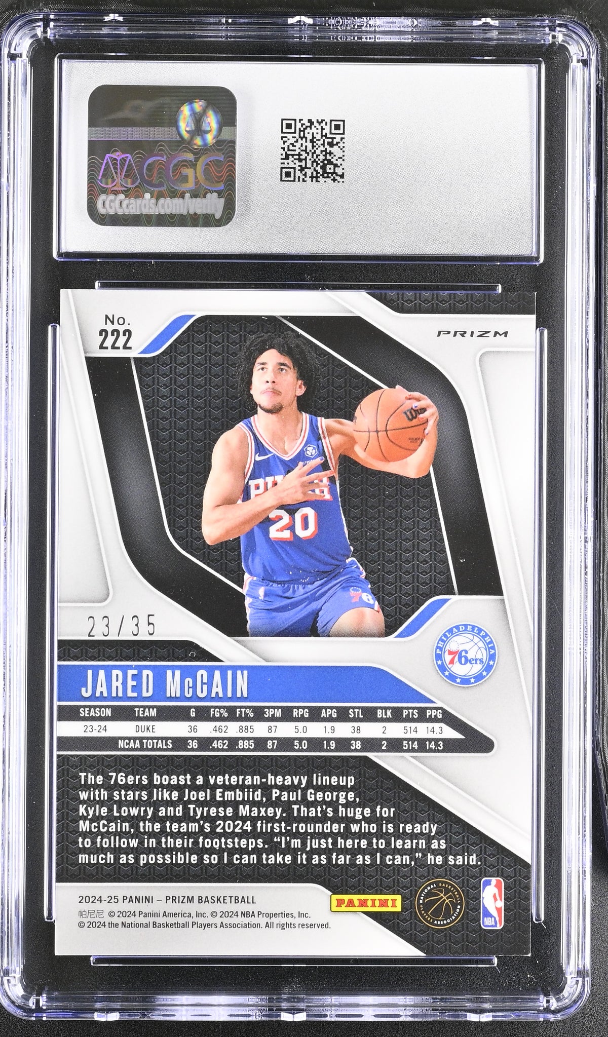 2024-25 Panini Prizm Jared McCain Red Lazer /35 Rookie #222 CGC 10 76ers