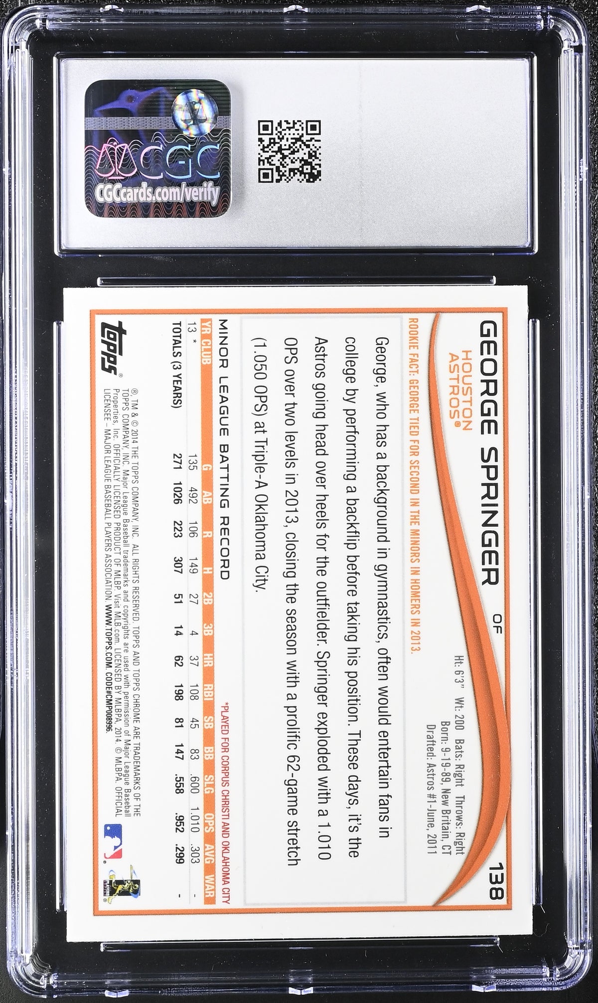 2014 Topps Chrome George Springer #138 CGC 9.5