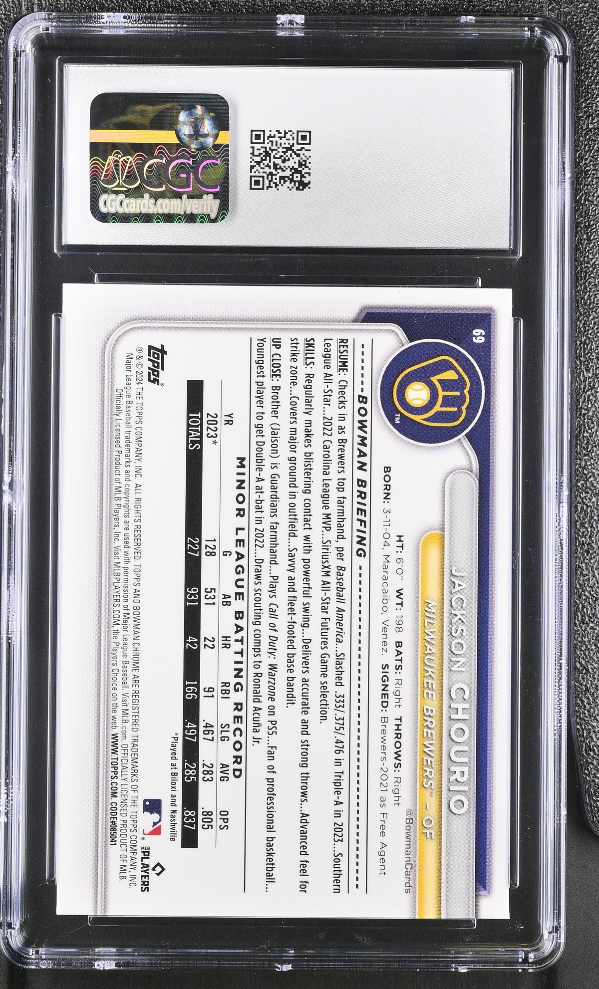 2024 Bowman Chrome Jackson Chourio Rookie #69 CGC 10 Milwaukee Brewers
