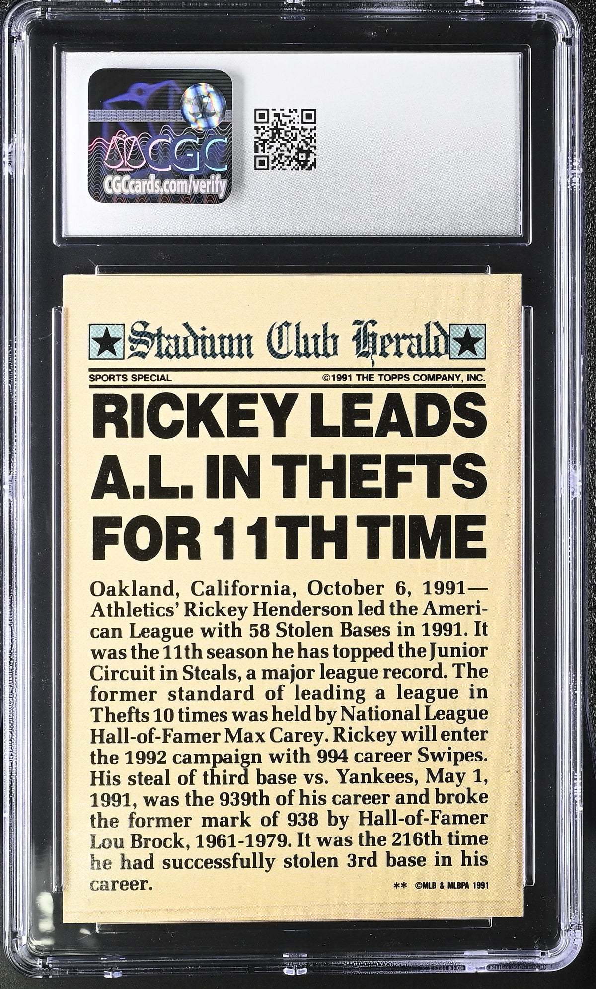 1991 Stadium Club Members Only Rickey Henderson CGC 10 Oakland Athletics